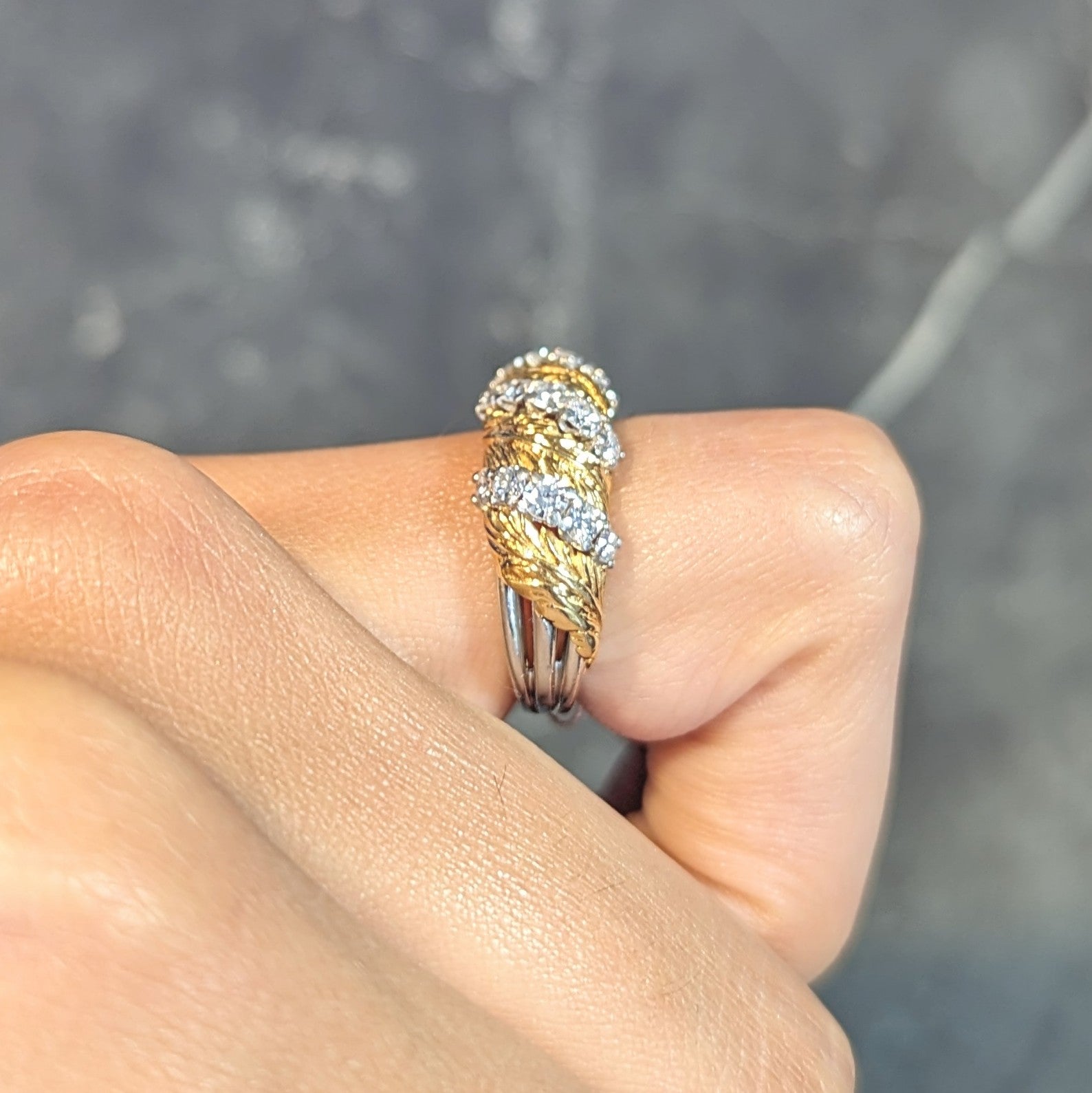 McTeigue & Co. 1950's Diamond Platinum 18 Karat Gold Vintage Feather Band Ring Wilson's Estate Jewelry
