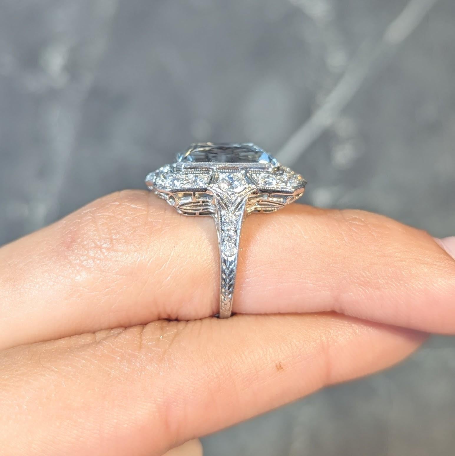 Art Deco 8.48 CTW Aquamarine Diamond Platinum Vintage Cocktail Ring