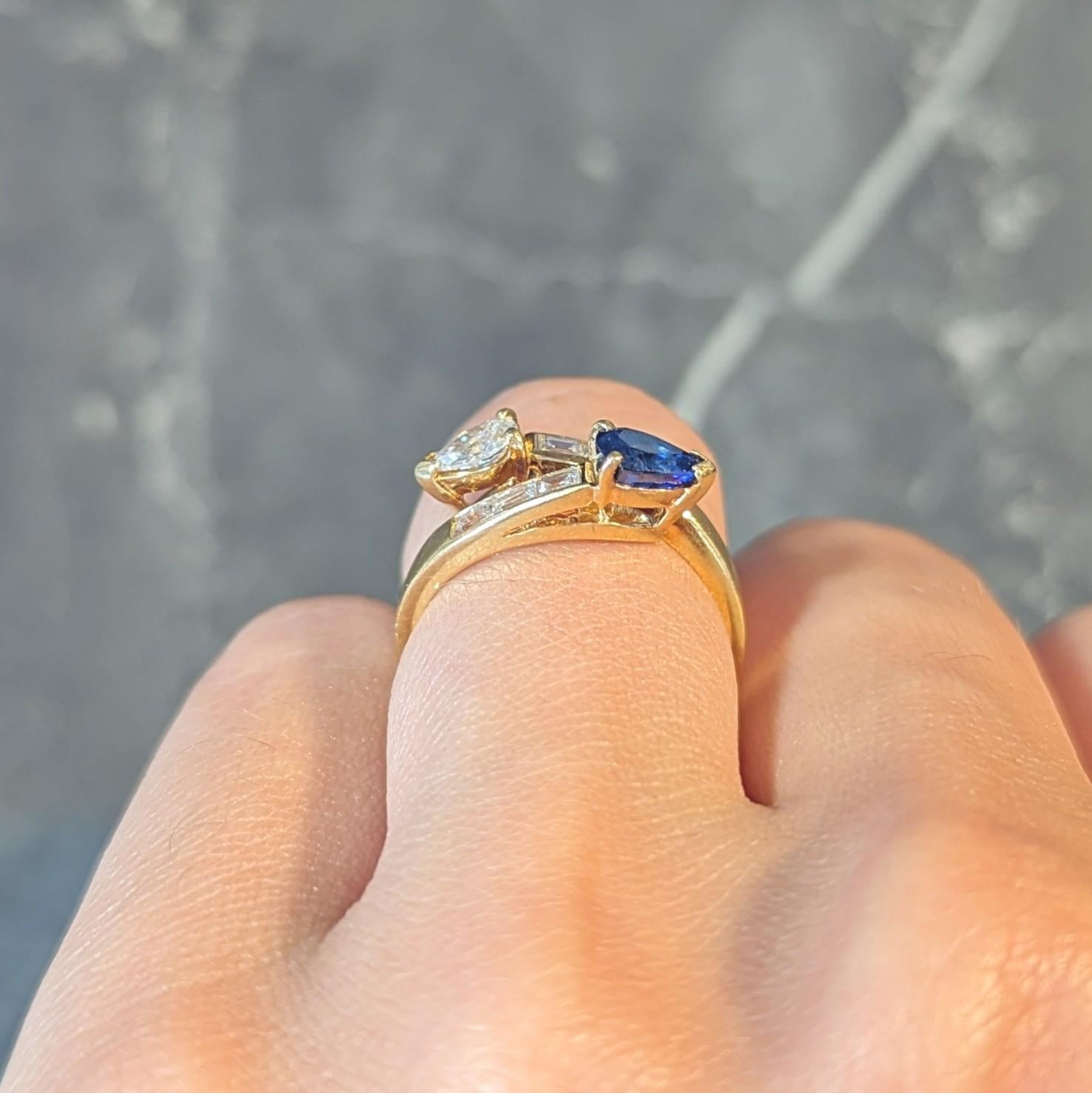 French Vintage Pear Cut 1.47 CTW Diamond Sapphire Bypass Channel Ring