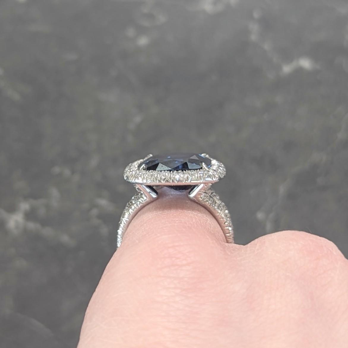 Contemporary 11.50 CTW No Heat Sapphire Diamond Platinum Halo Ring AGL