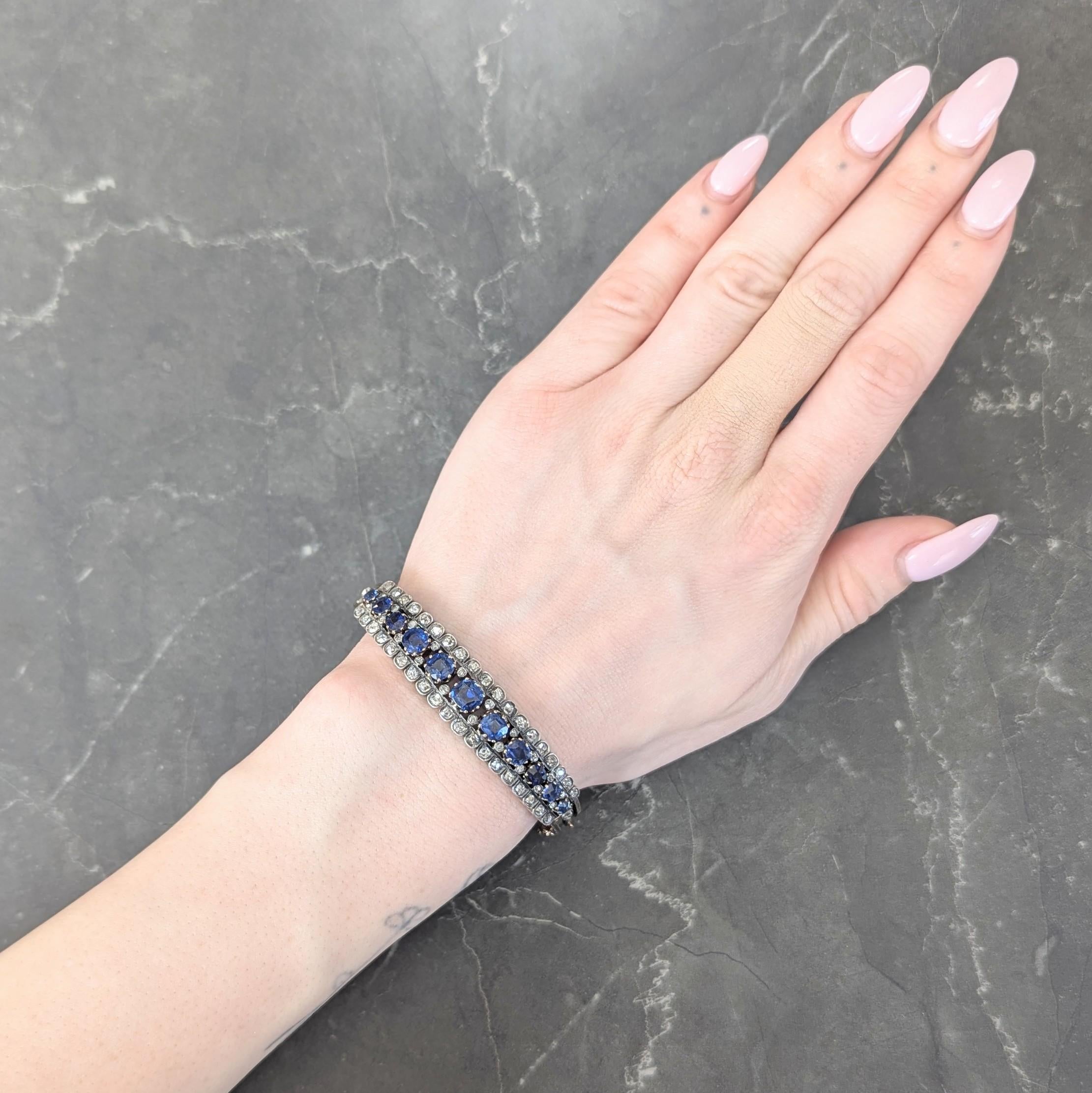 Victorian 8.51 CTW Sapphire Diamond 18K Gold Silver Antique Bangle Bracelet