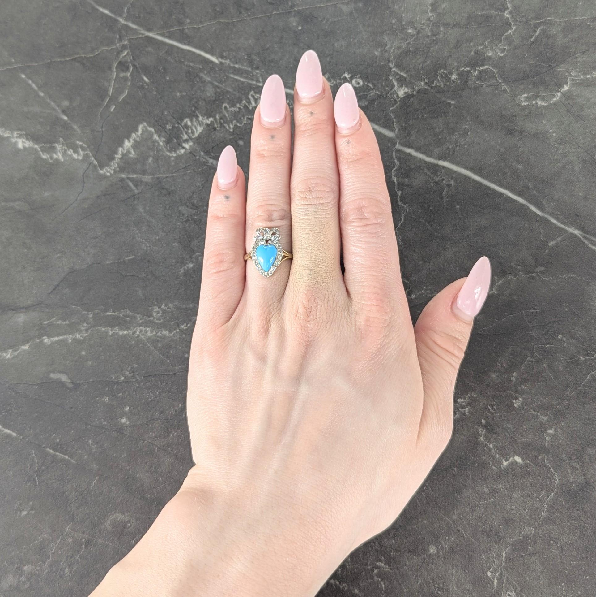 Victorian Turquoise Cabochon Diamond 18 Karat Yellow Gold Antique Heart Bow Ring