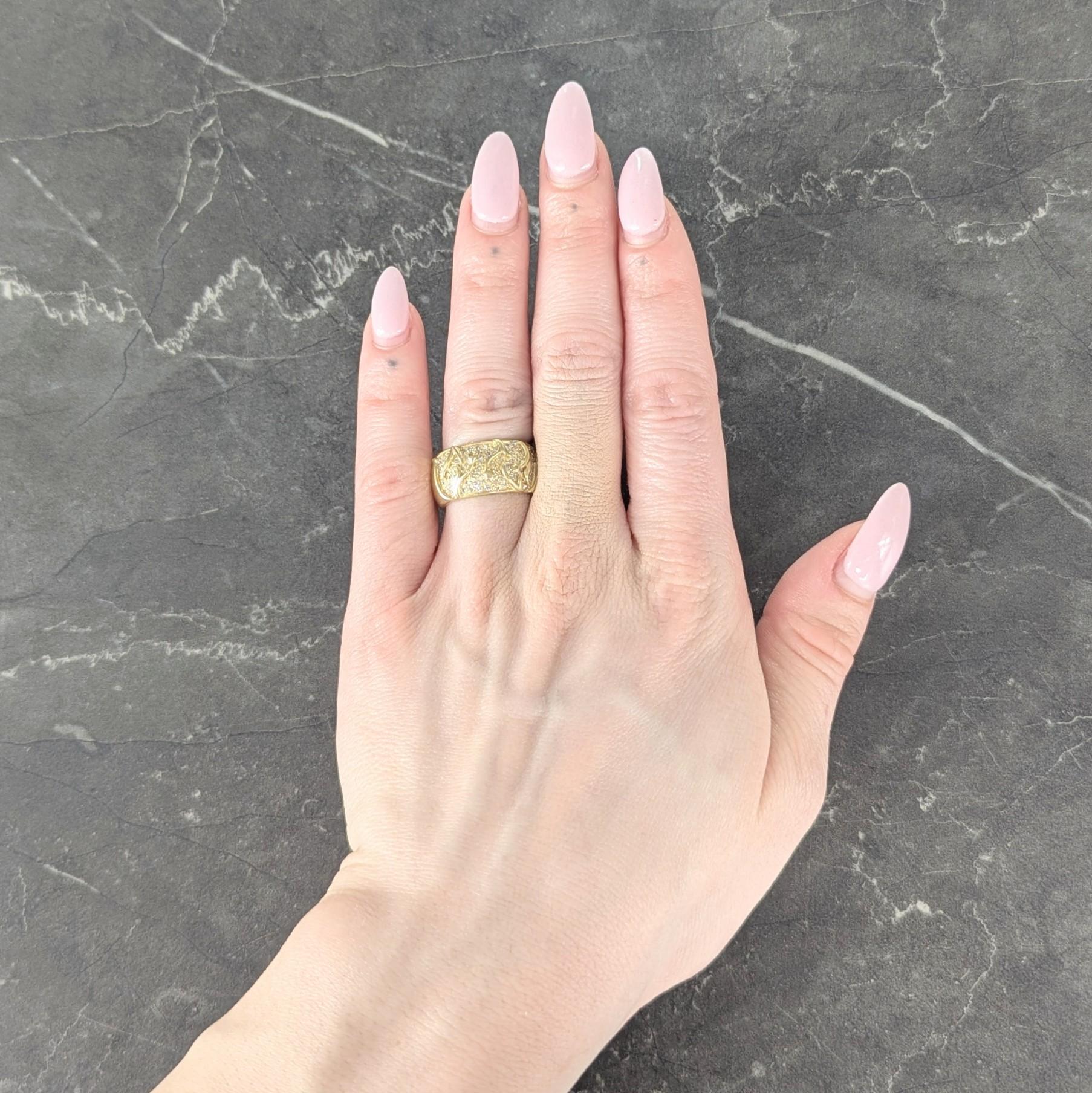 Jose Hess 1980's Diamond 18 Karat Yellow Gold Floral Vintage Wide Band Ring