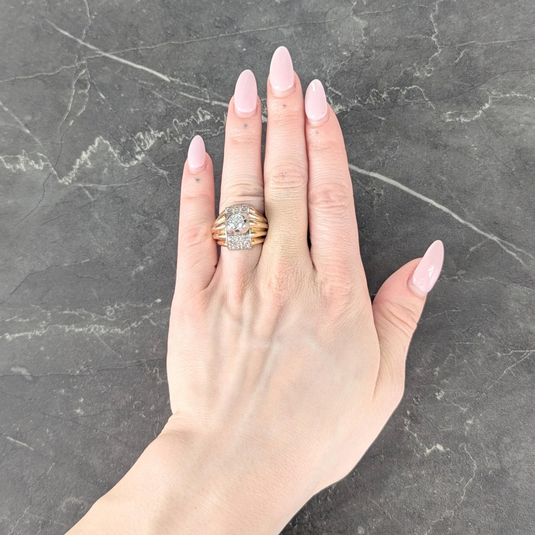 Retro French 1.65 CTW Diamond Platinum 18K Gold Vintage Domed Gadroon Ring