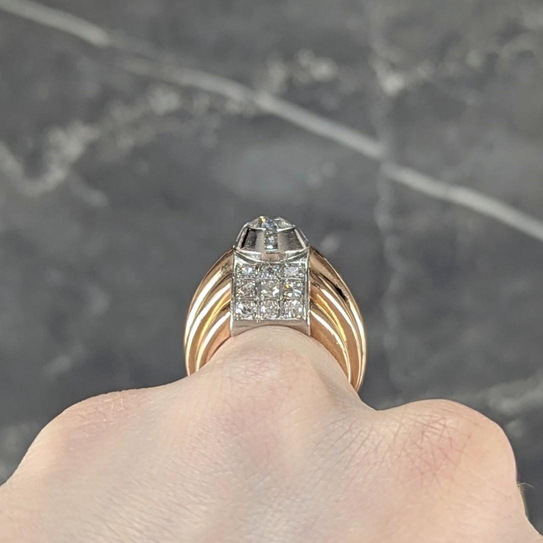 Retro French 1.65 CTW Diamond Platinum 18K Gold Vintage Domed Gadroon Ring