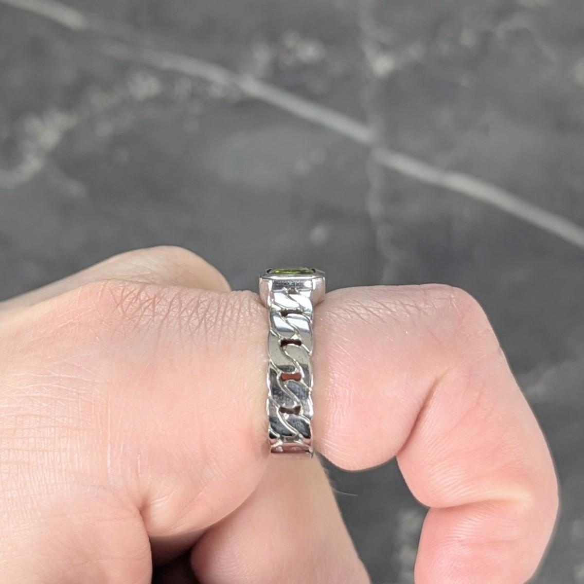 Chanel French 1980's Peridot 18K White Gold Curb Link Bezel Vintage Band Ring