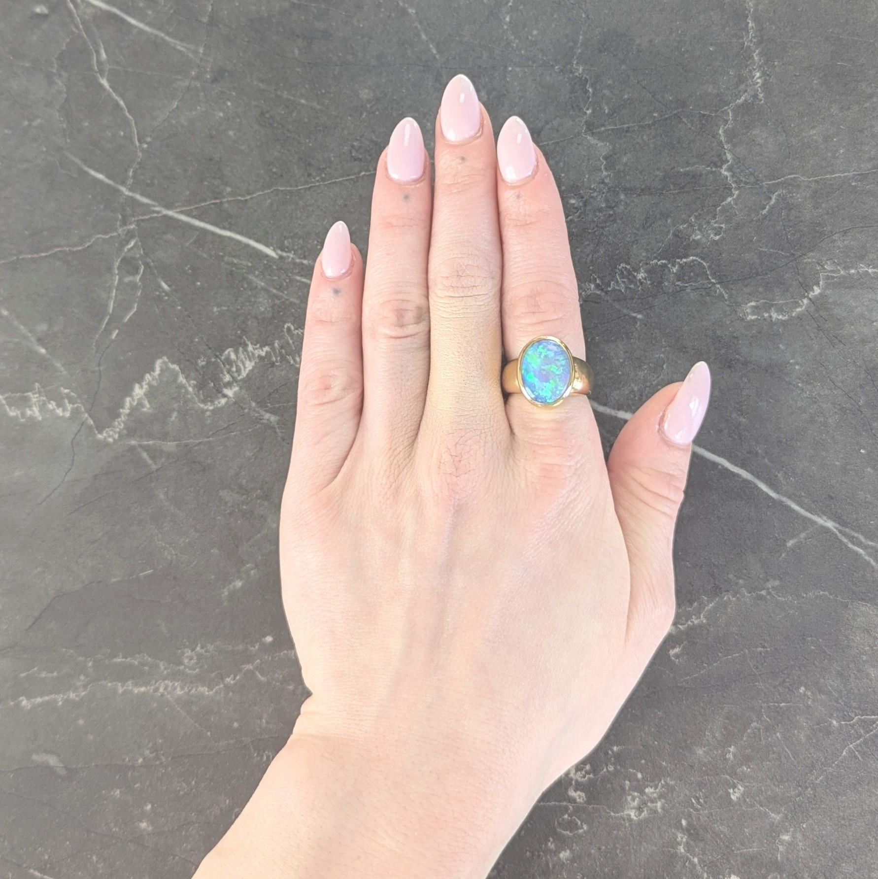 Contemporary Black Opal 18 Karat Yellow Gold Puffed Bezel Gemstone Ring