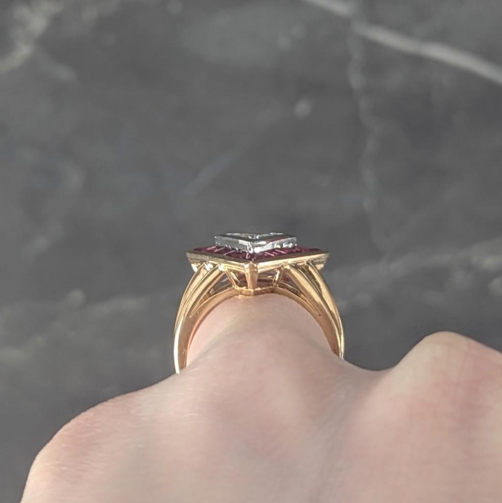 Oscar Heyman Trilliant Cut Diamond Ruby Platinum 18K Gold Triangle Halo Ring