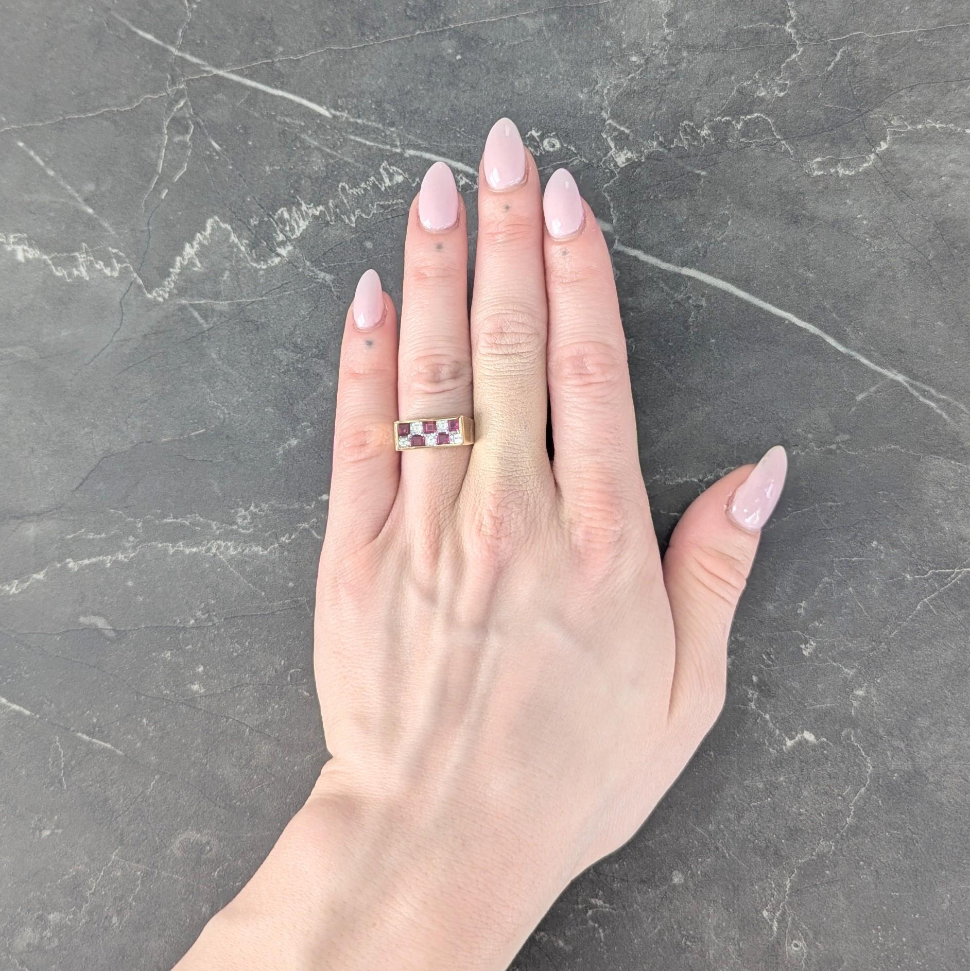 Oscar Heyman Diamond Ruby Platinum 18K Gold Checkerboard Vintage Band Ring