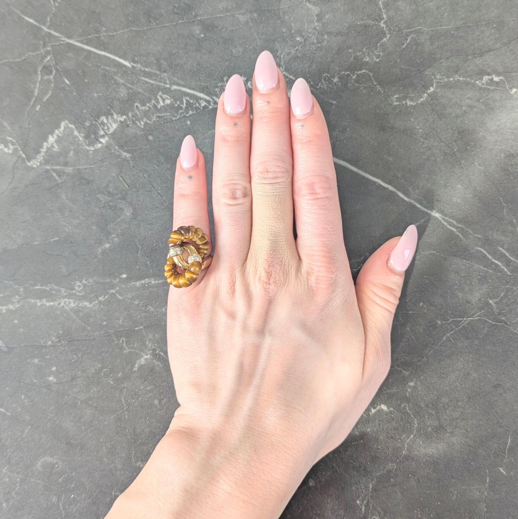 1973 French Diamond Tiger's Eye Quartz 18K Gold Interlocking Vintage Bypass Ring