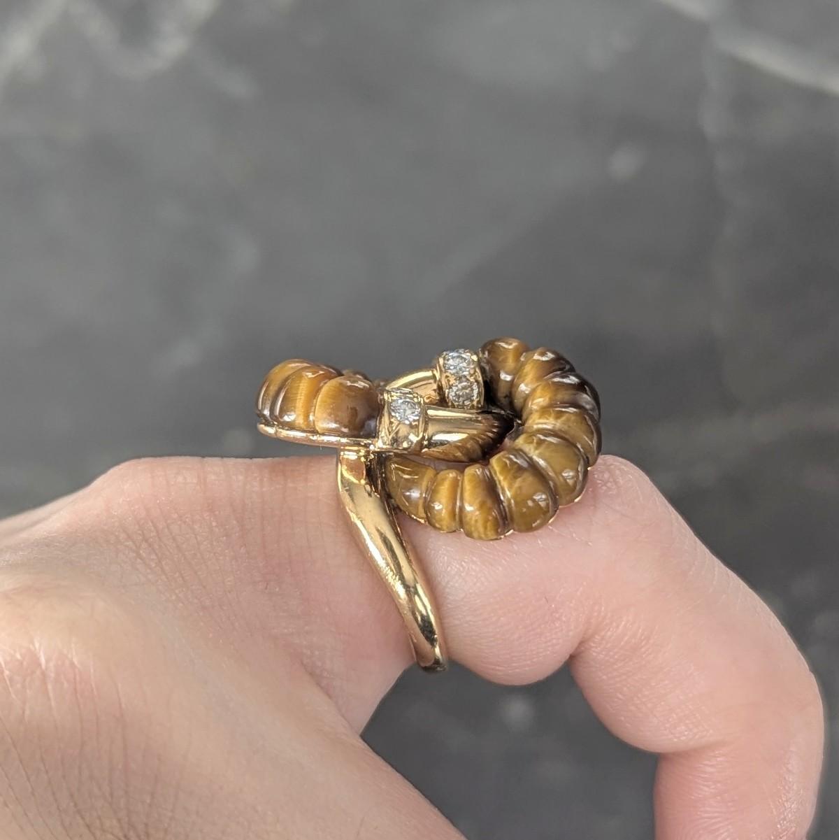 1973 French Diamond Tiger's Eye Quartz 18K Gold Interlocking Vintage Bypass Ring