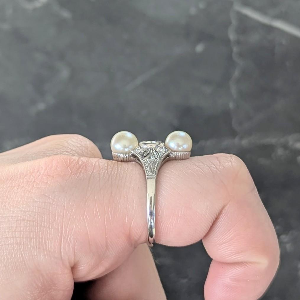 Art Deco Diamond Pearl 14 Karat White Gold Vintage Foliate Navette Dinner Ring