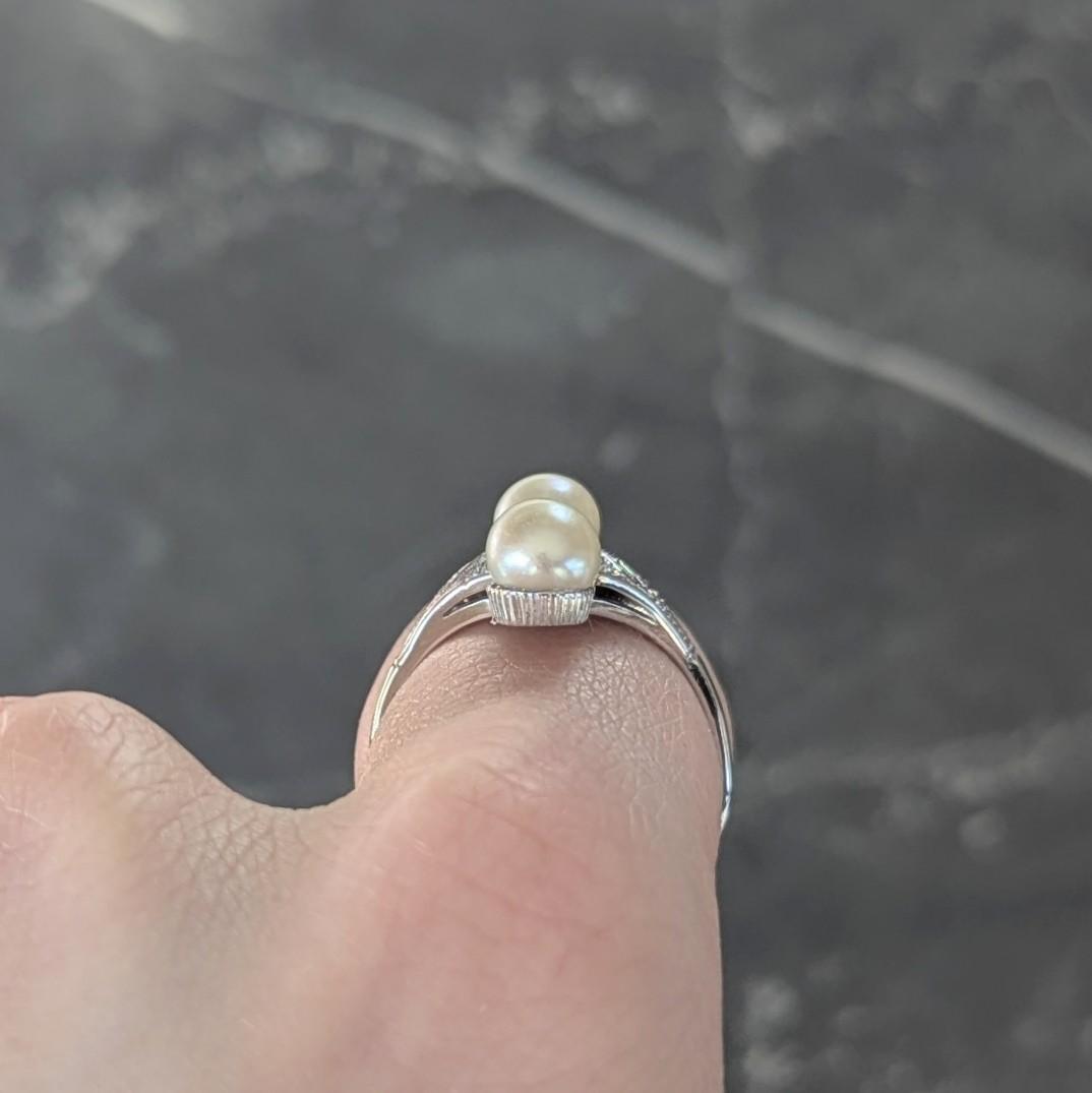 Art Deco Diamond Pearl 14 Karat White Gold Vintage Foliate Navette Dinner Ring