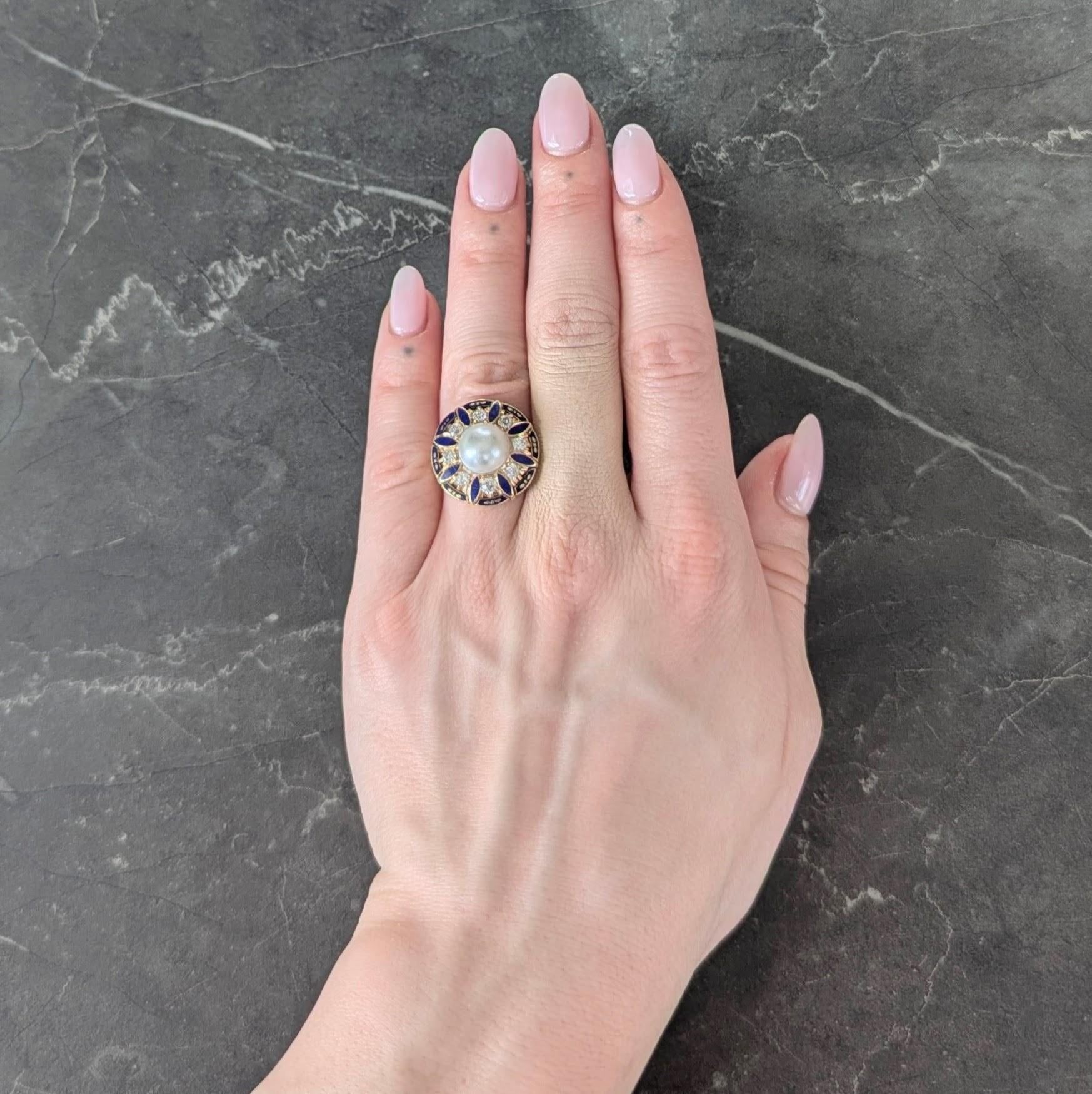 Victorian Revival Pearl Diamond Enamel 14 Karat Gold Vintage Halo Ring