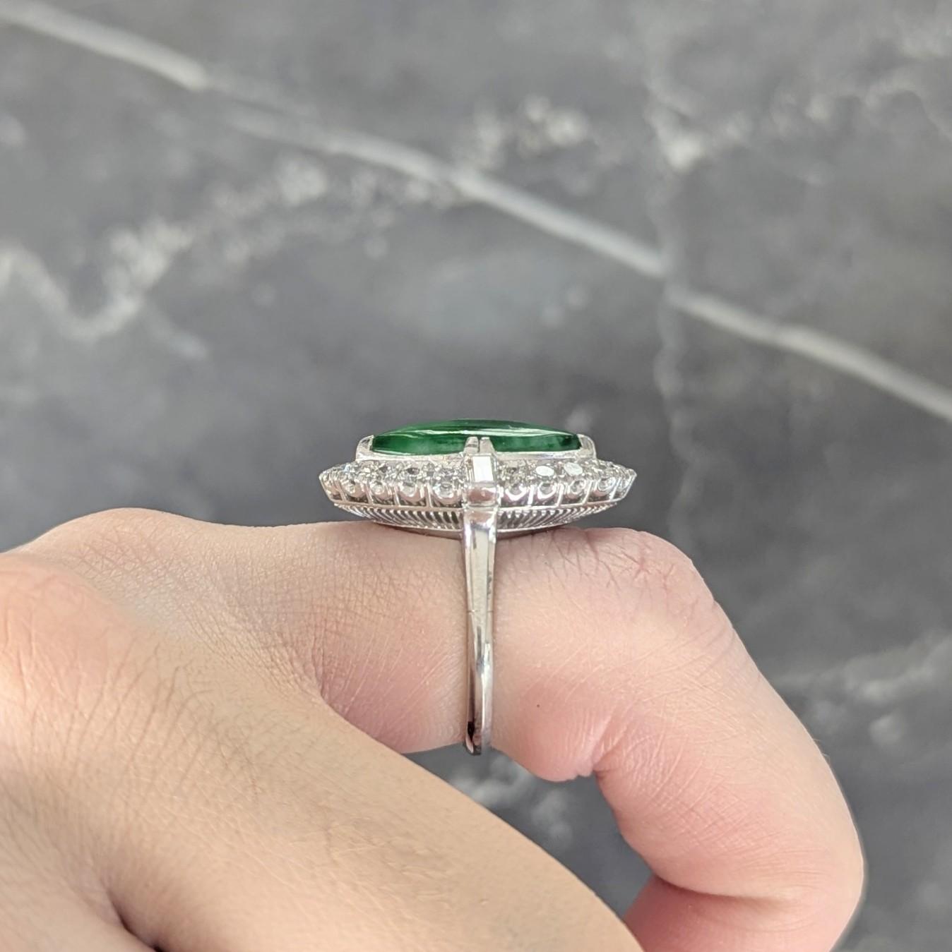 Mid-Century Jade Diamond Platinum Vintage Navette Halo Ring