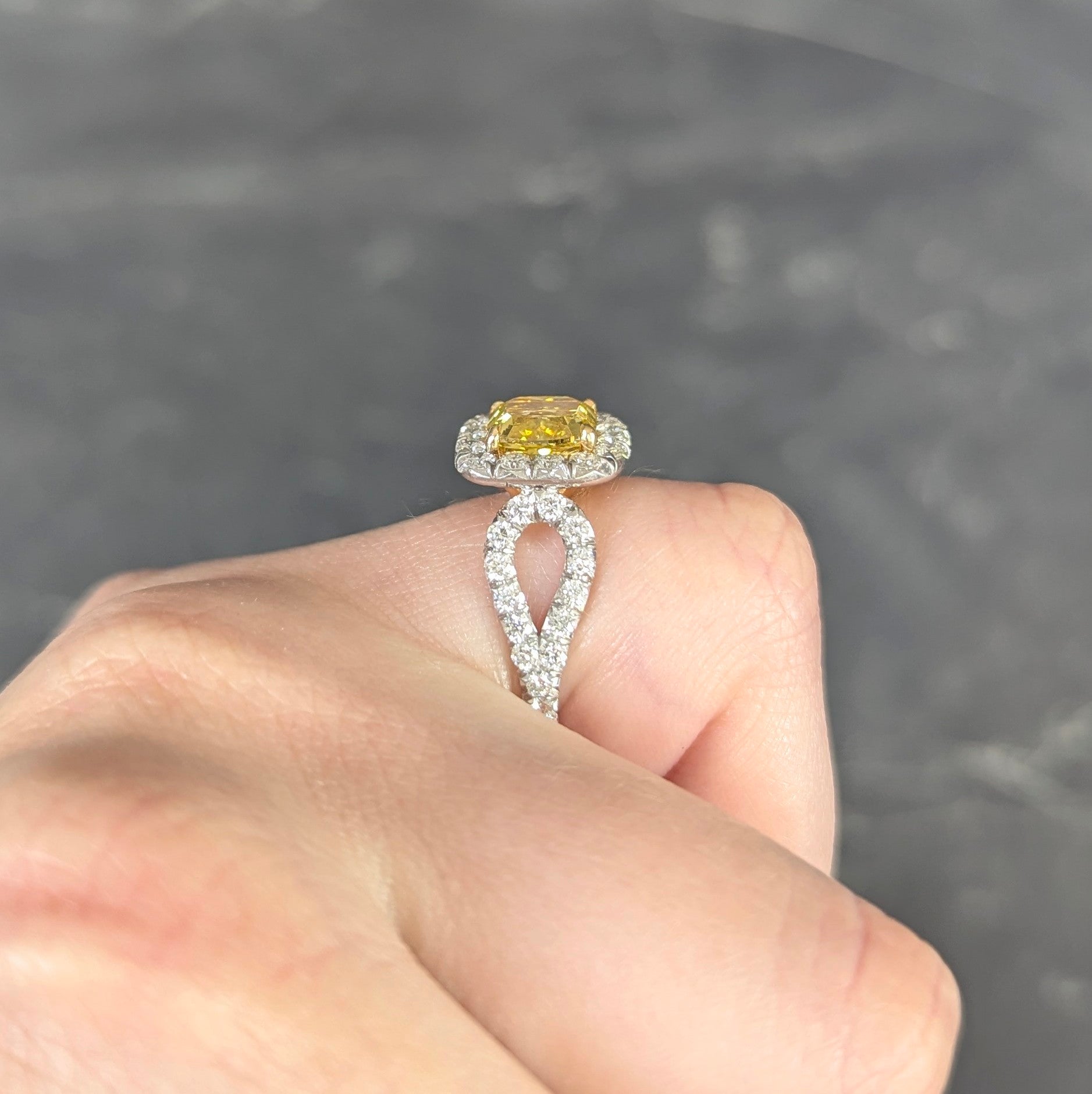 Contemporary 2.79 CTW Fancy Yellow Diamond Platinum 18 Karat Yellow Gold Halo Engagement Ring GIA