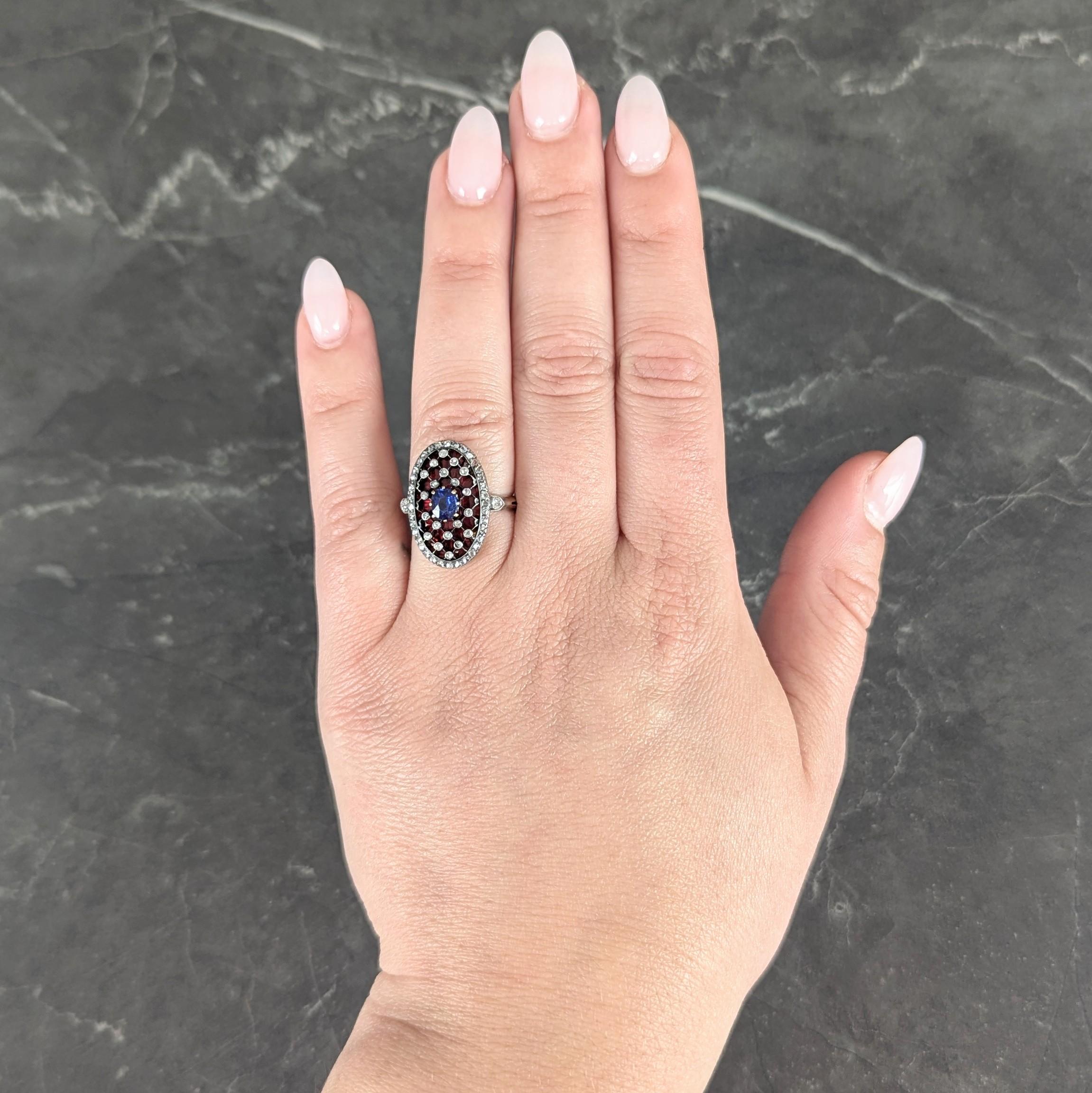 Victorian Sapphire Diamond Enamel Silver 18K Gold Antique Navette Cluster Ring