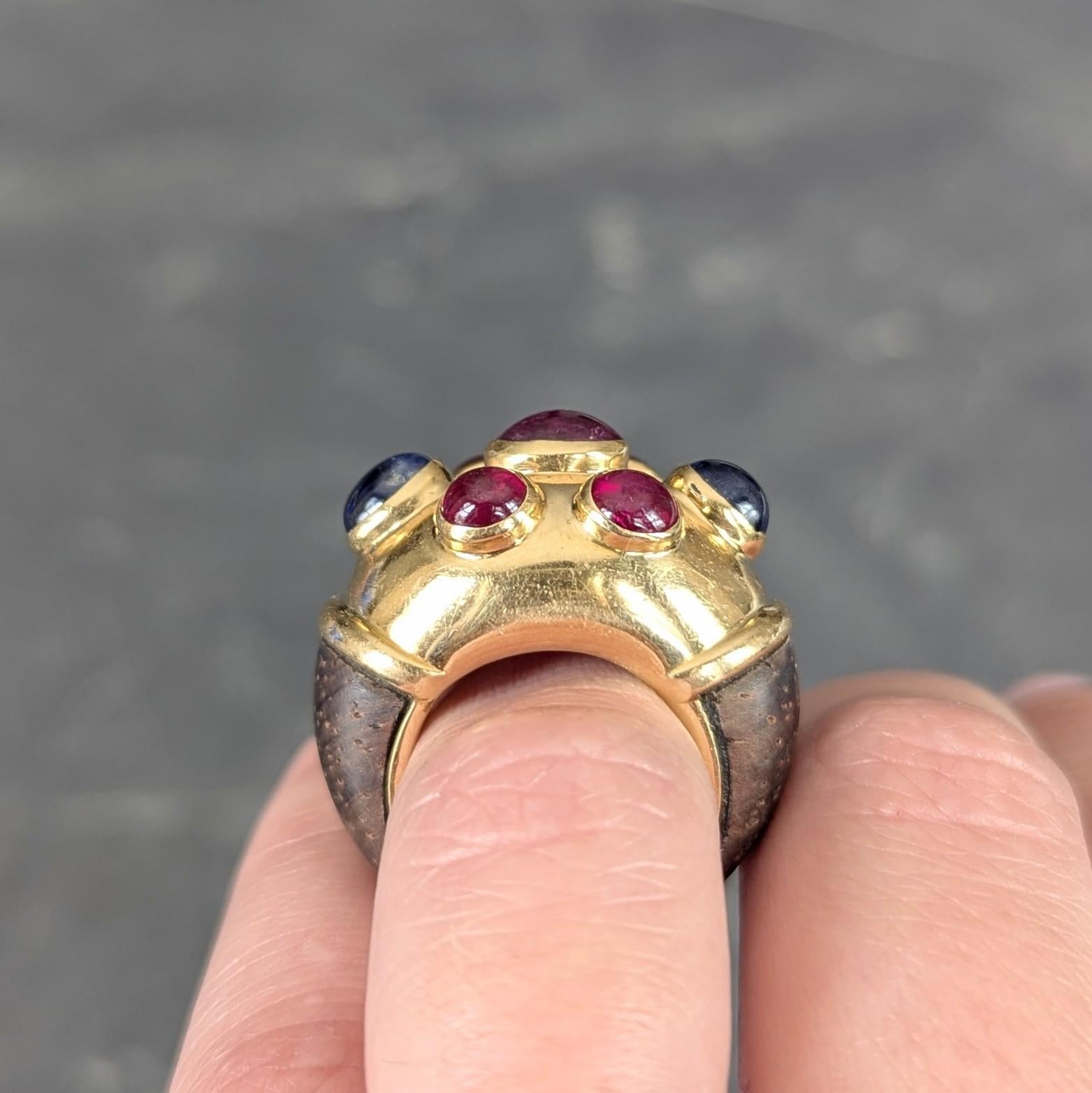 Poiray Paris 1980's 5.80 CTW Sapphire Ruby Wood 18K Gold Vintage Dome Ring