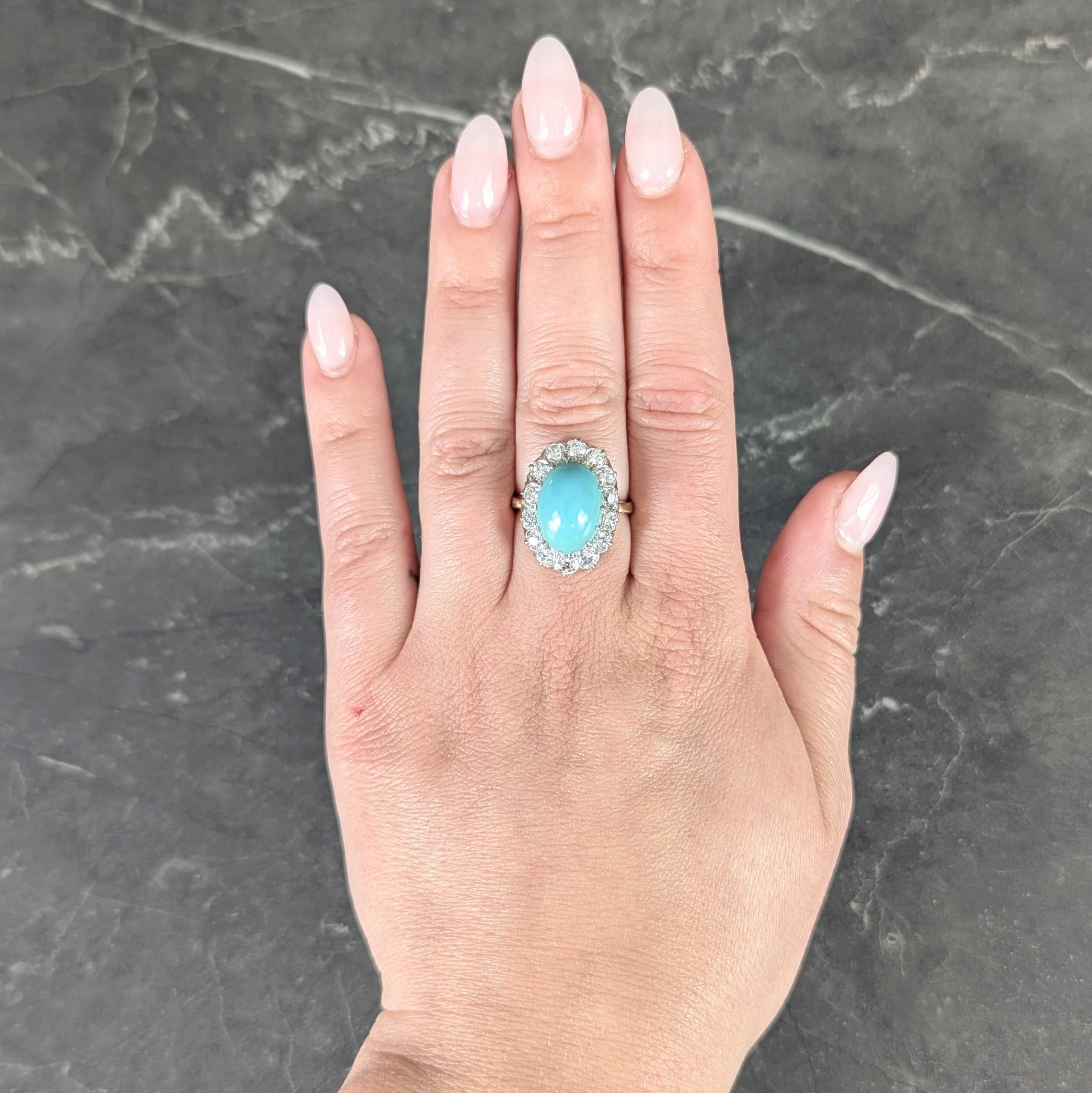 Edwardian Turquoise Diamond Platinum 14 Karat Yellow Gold Antique Halo Ring