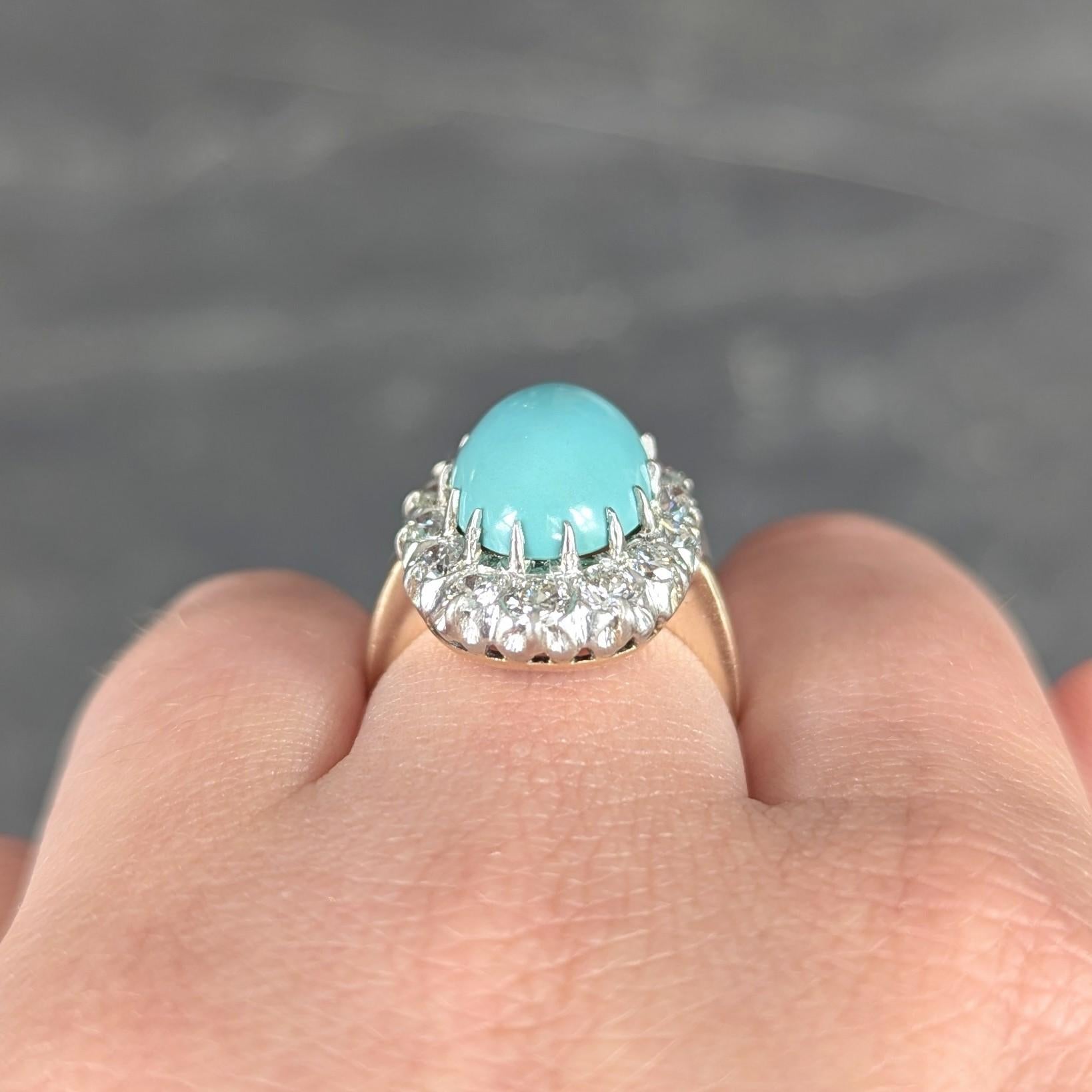Edwardian Turquoise Diamond Platinum 14 Karat Yellow Gold Antique Halo Ring