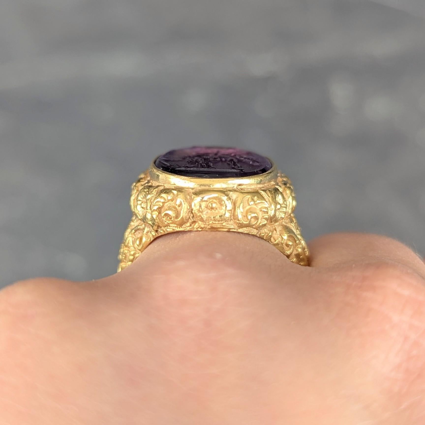 Victorian Amethyst Diamond 14K Gold Antique Greek Unisex Intaglio Signet Ring