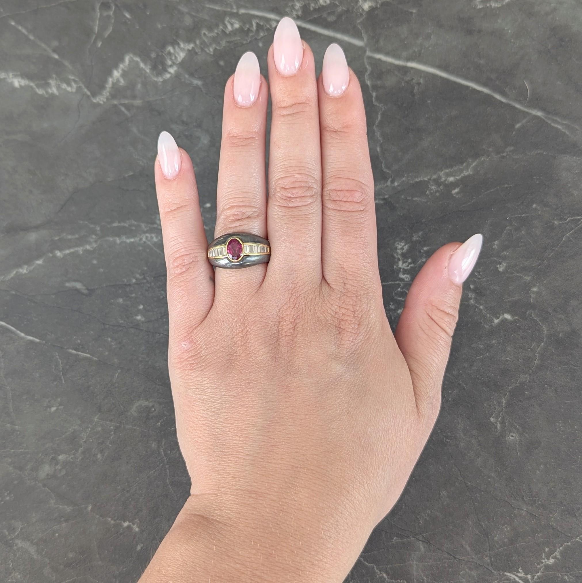 1980's 1.54 CTW Ruby Diamond Hematite 18 Karat Yellow Gold Vintage Ring GIA