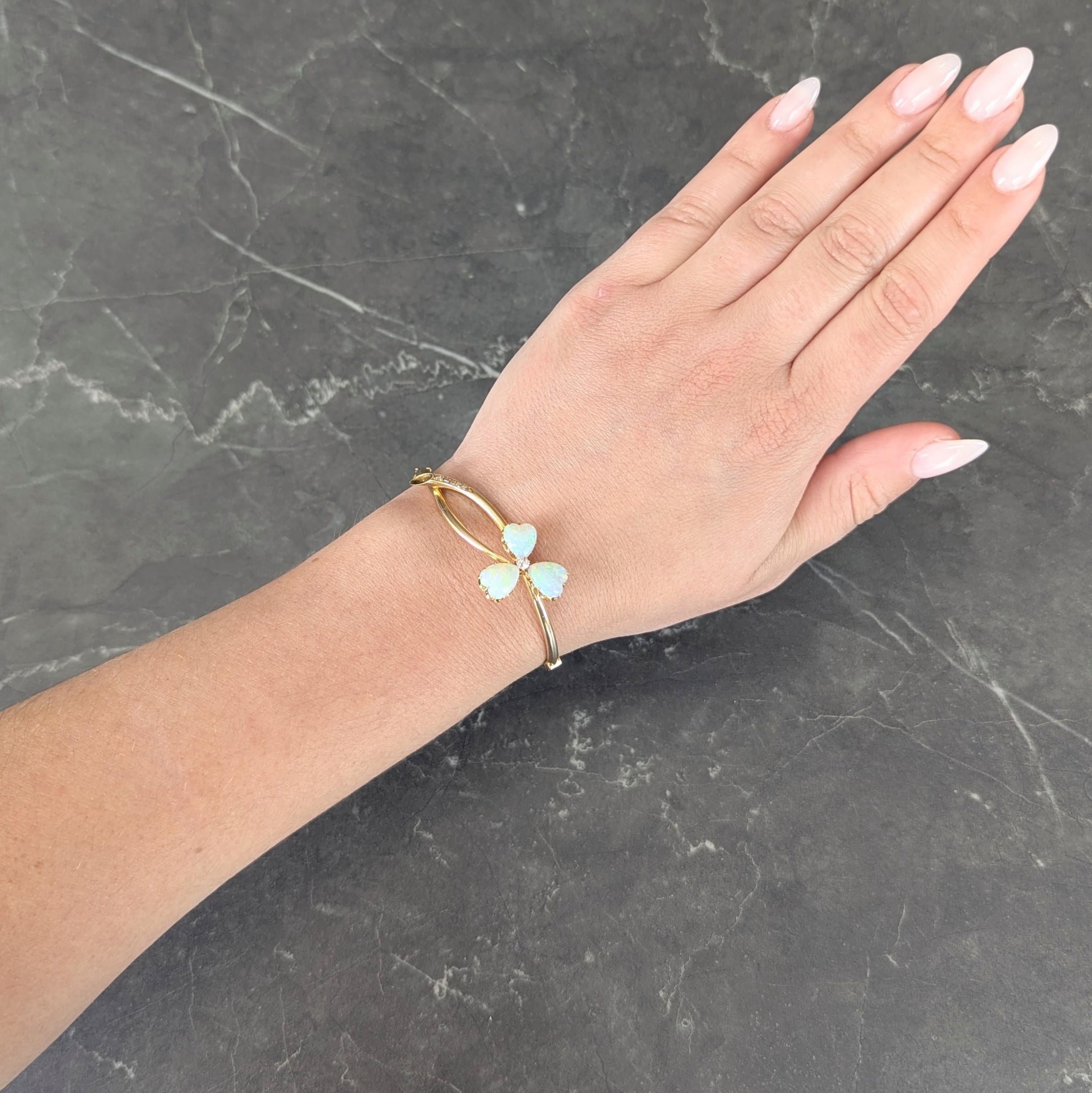 Victorian Opal Diamond 14 Karat Gold Antique Bypass Clover Bangle Bracelet