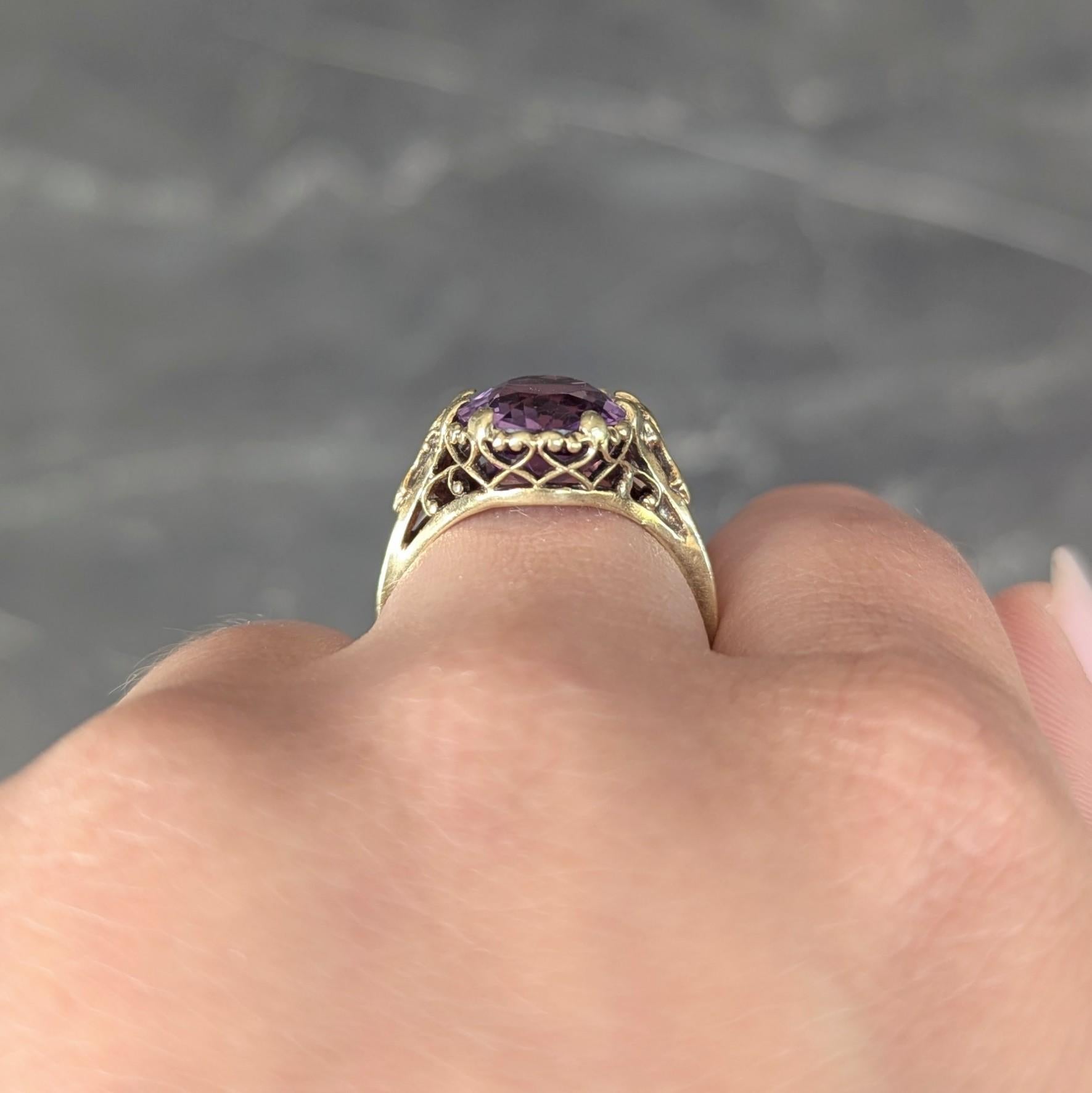 Early Art Deco 4.85 CTW Amethyst 14K Yellow Gold Heart Filigree Cocktail Ring