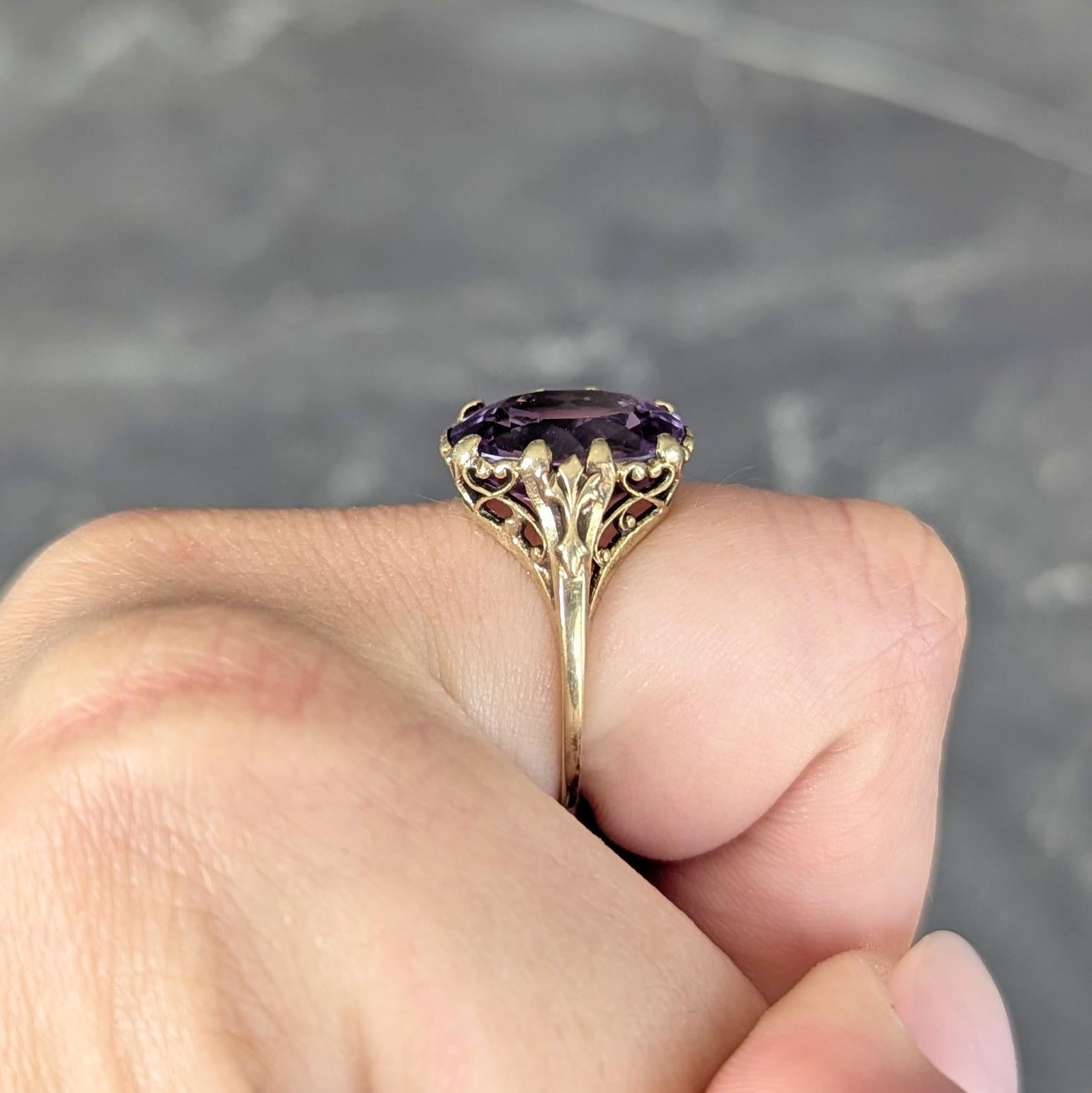 Early Art Deco 4.85 CTW Amethyst 14K Yellow Gold Heart Filigree Cocktail Ring