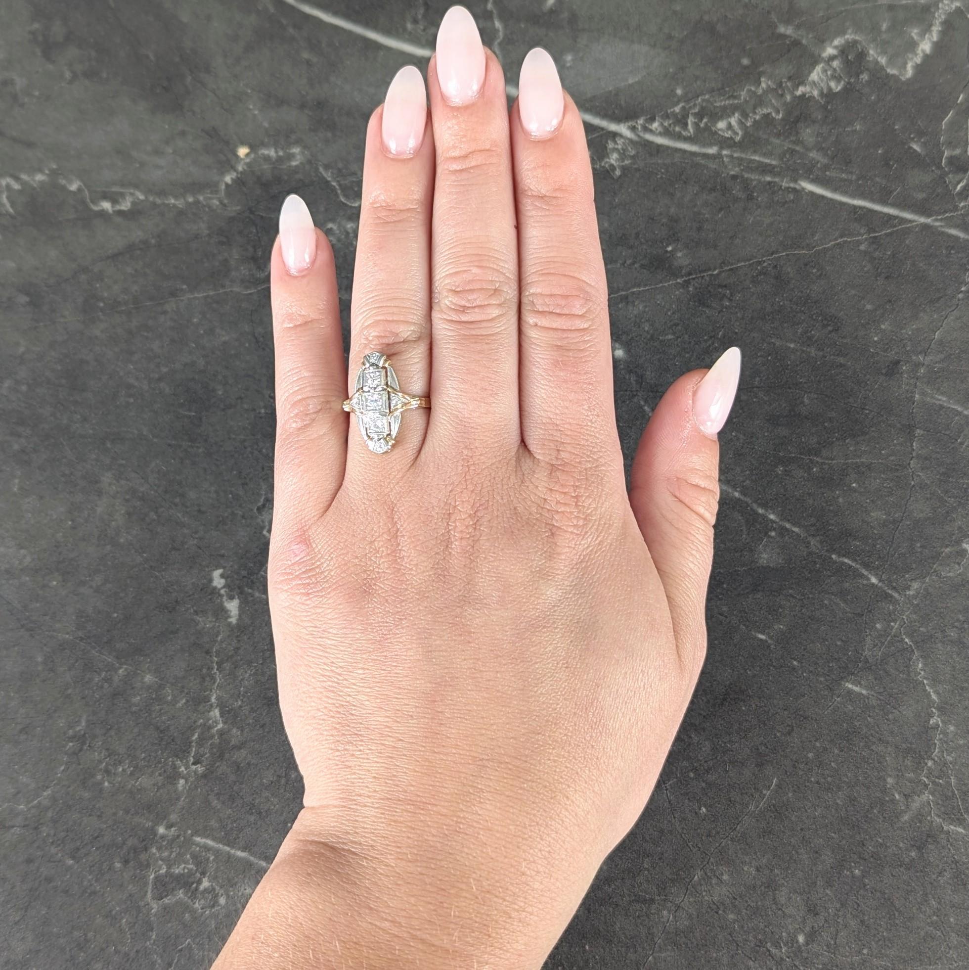 Art Deco Diamond Platinum 14 Karat Yellow Gold Vintage Navette Dinner Ring