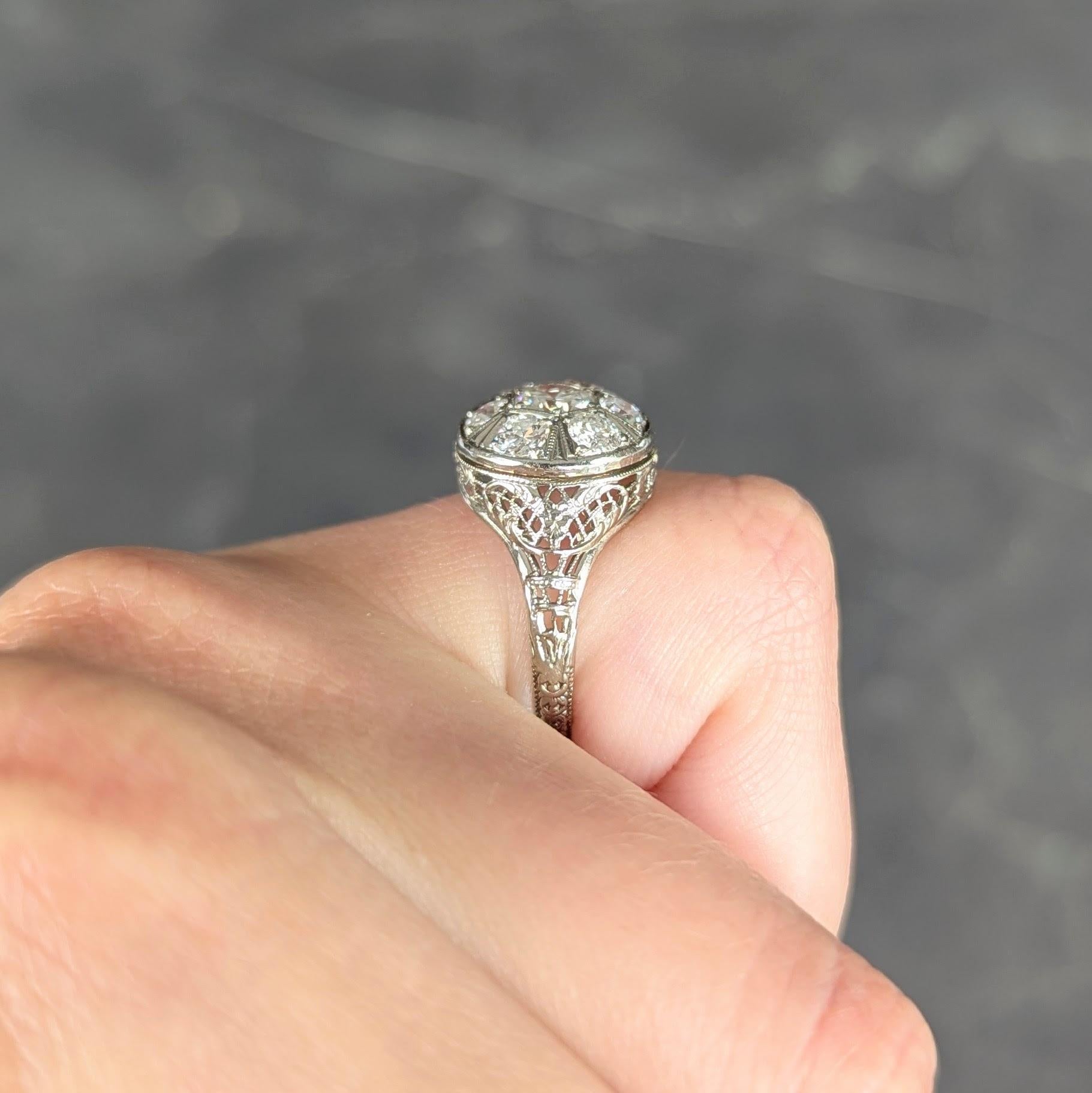 Art Deco 1.40 CTW Diamond 18 Karat White Gold Vintage Trellis Cluster Ring