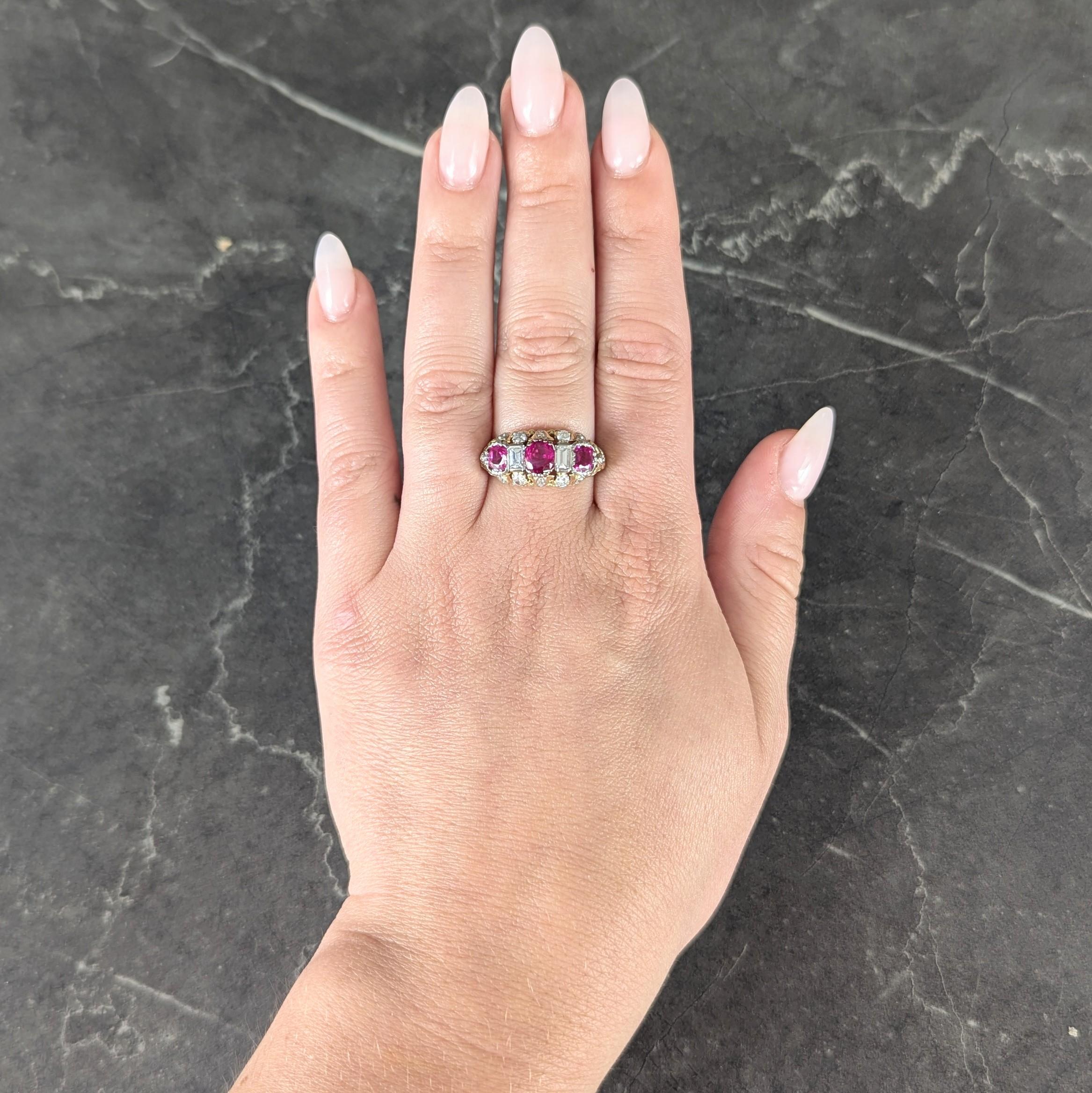 Edwardian 3.00 CTW Diamond Ruby Platinum 14K Gold Antique Scroll Band Ring GIA