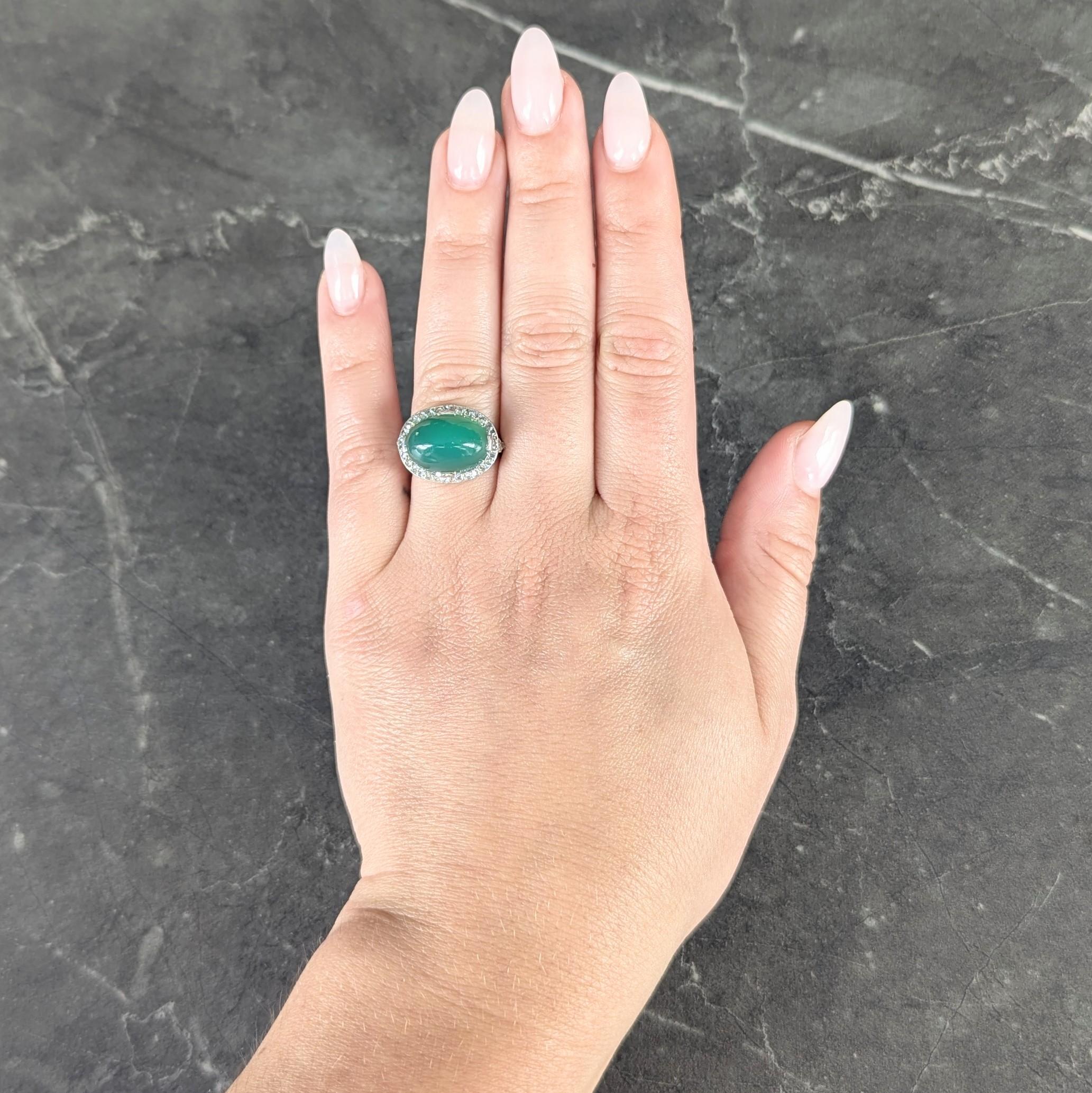 Art Deco Chrysoprase Diamond Platinum Vintage Scrolling Halo Ring