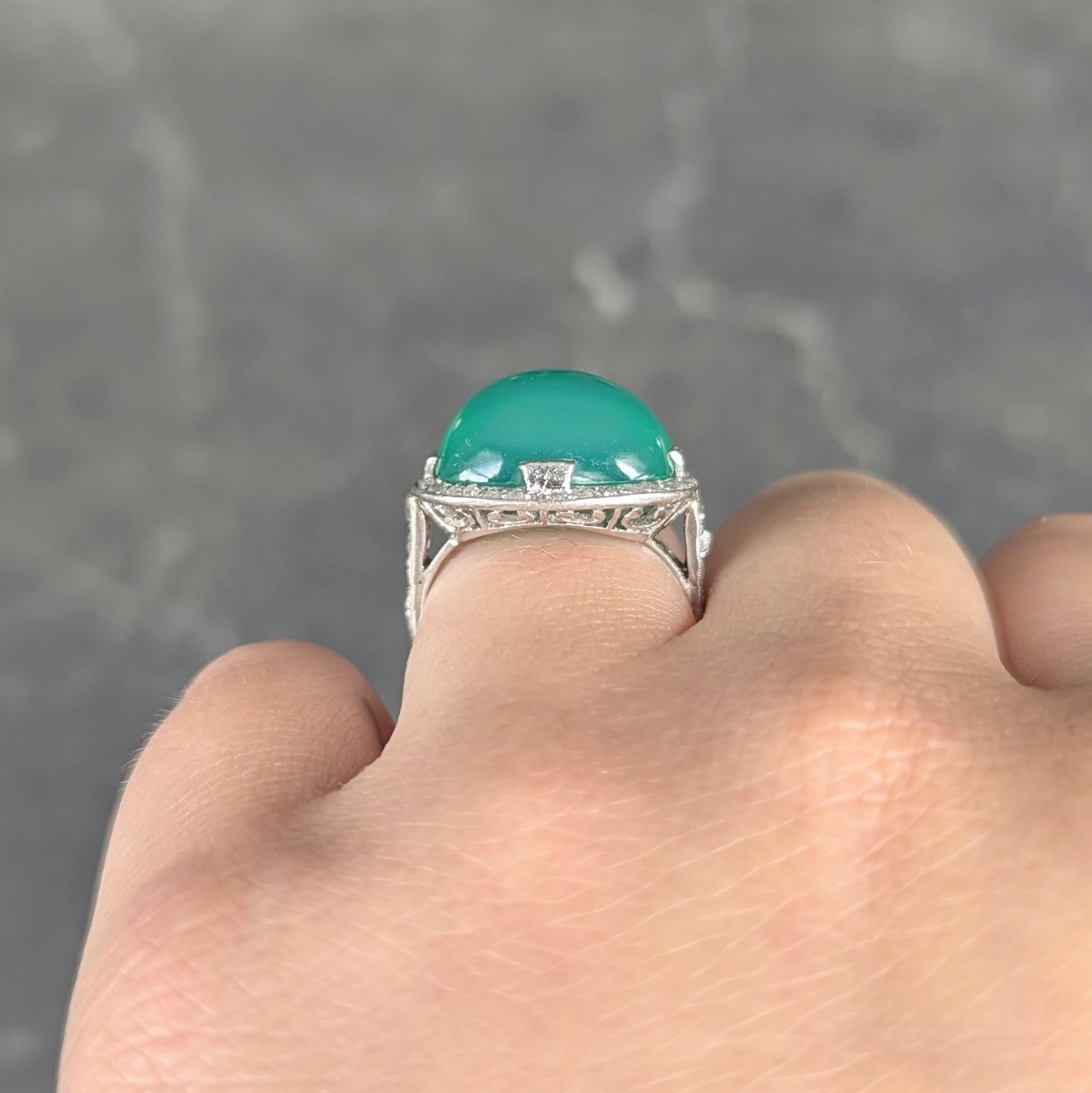 Art Deco Chrysoprase Diamond Platinum Vintage Scrolling Halo Ring
