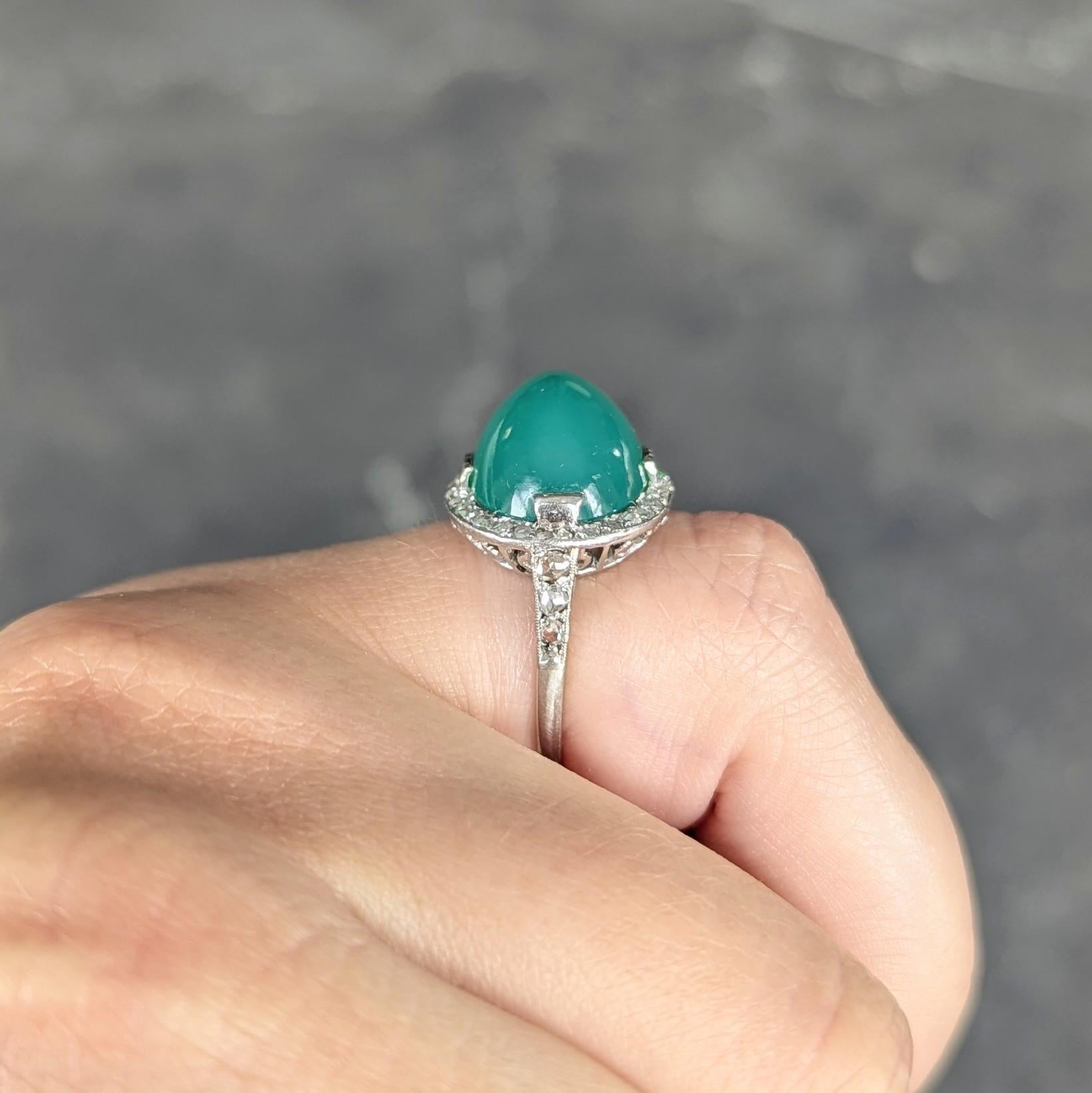 Art Deco Chrysoprase Diamond Platinum Vintage Scrolling Halo Ring