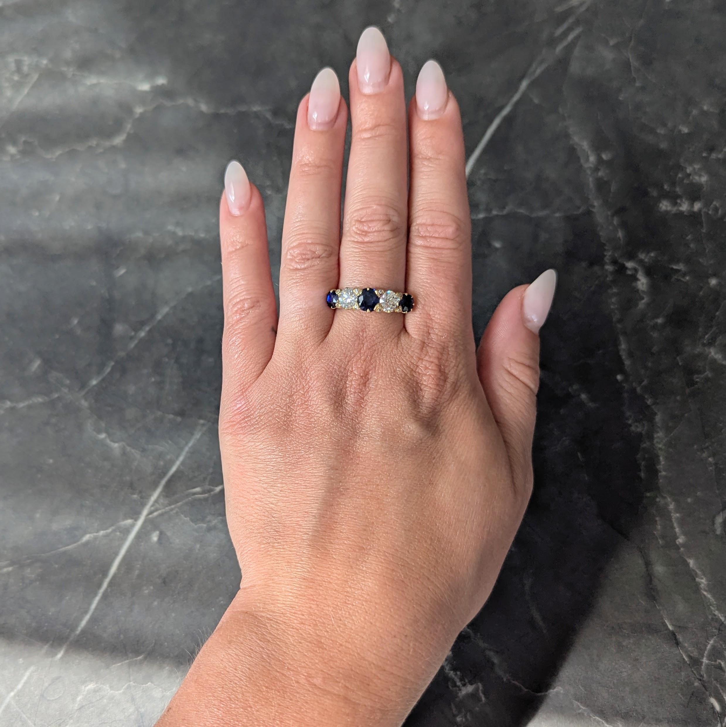 Victorian 3.84 CTW Sapphire Diamond 18 Karat Yellow Gold Antique Spade Band Ring