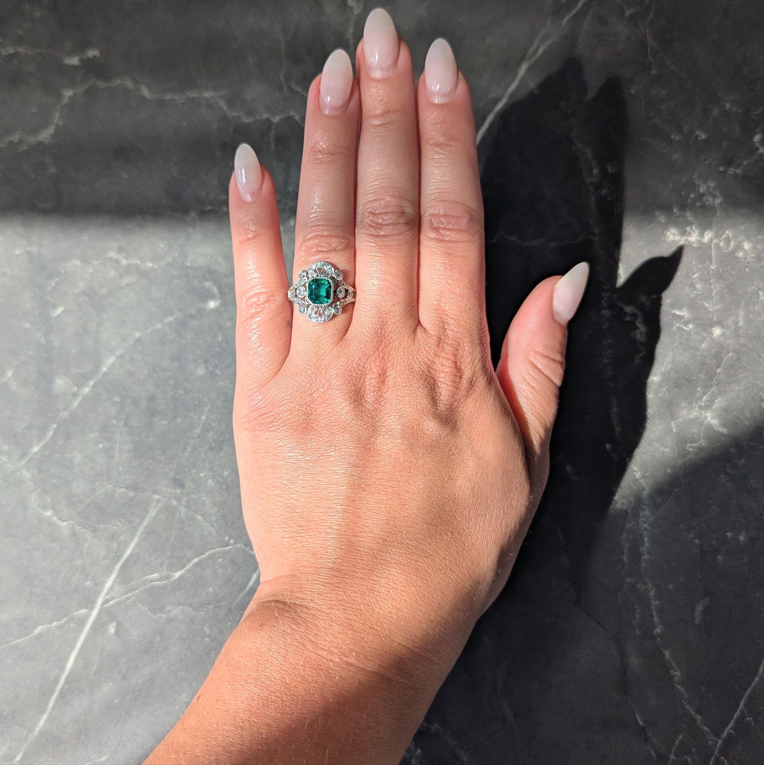 Early Art Deco Colombian Emerald Diamond Platinum Antique Cluster Ring
