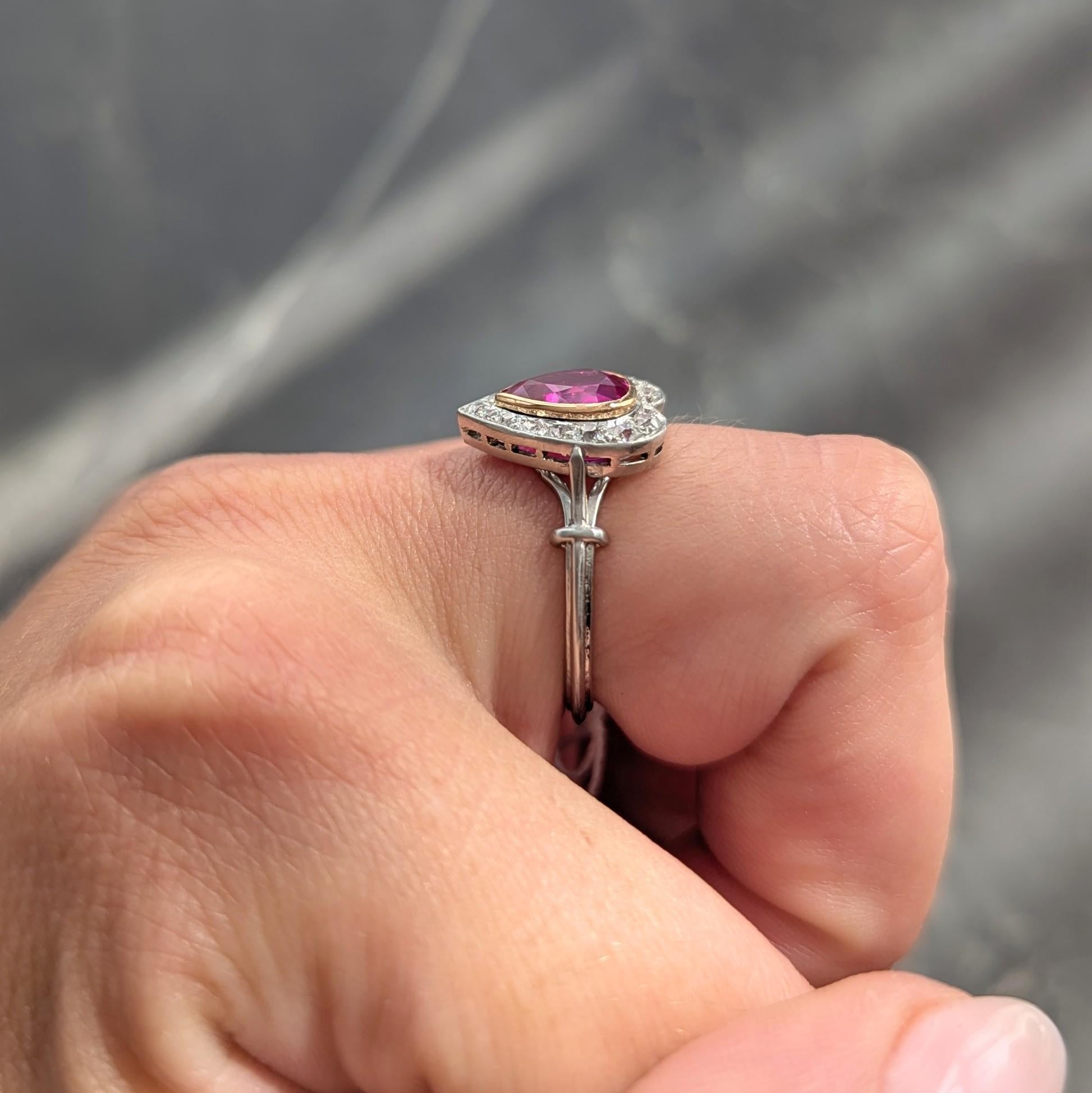 Edwardian 2.50 CTW No Heat Burma Ruby Diamond 14K Gold Heart Antique Halo Ring