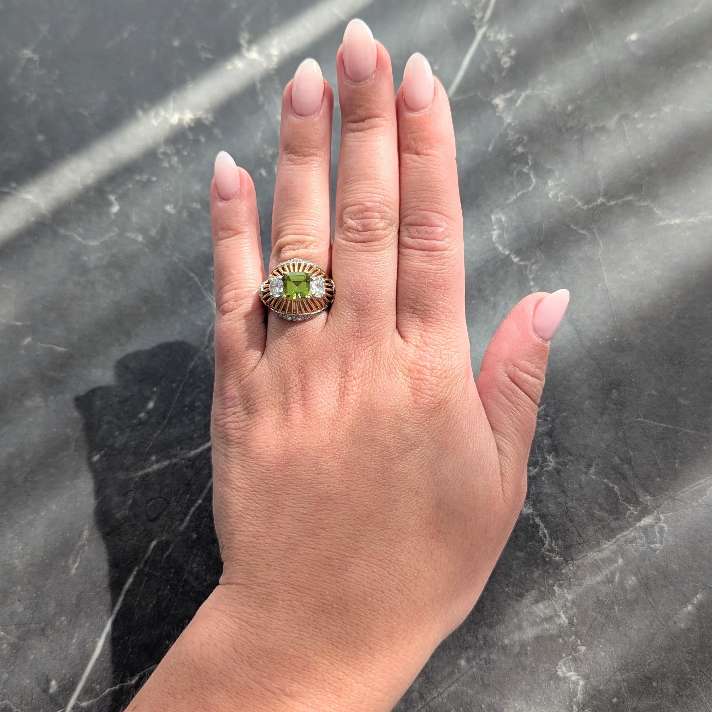 Cartier Retro 5.30 CTW Peridot Diamond Platinum 18K Gold Vintage Domed Ring