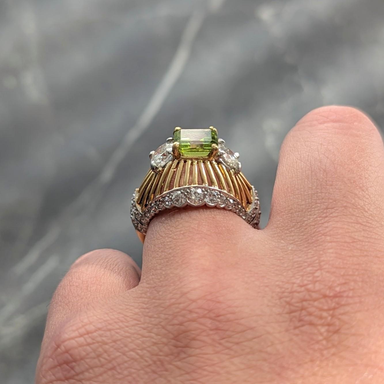 Cartier Retro 5.30 CTW Peridot Diamond Platinum 18K Gold Vintage Domed Ring