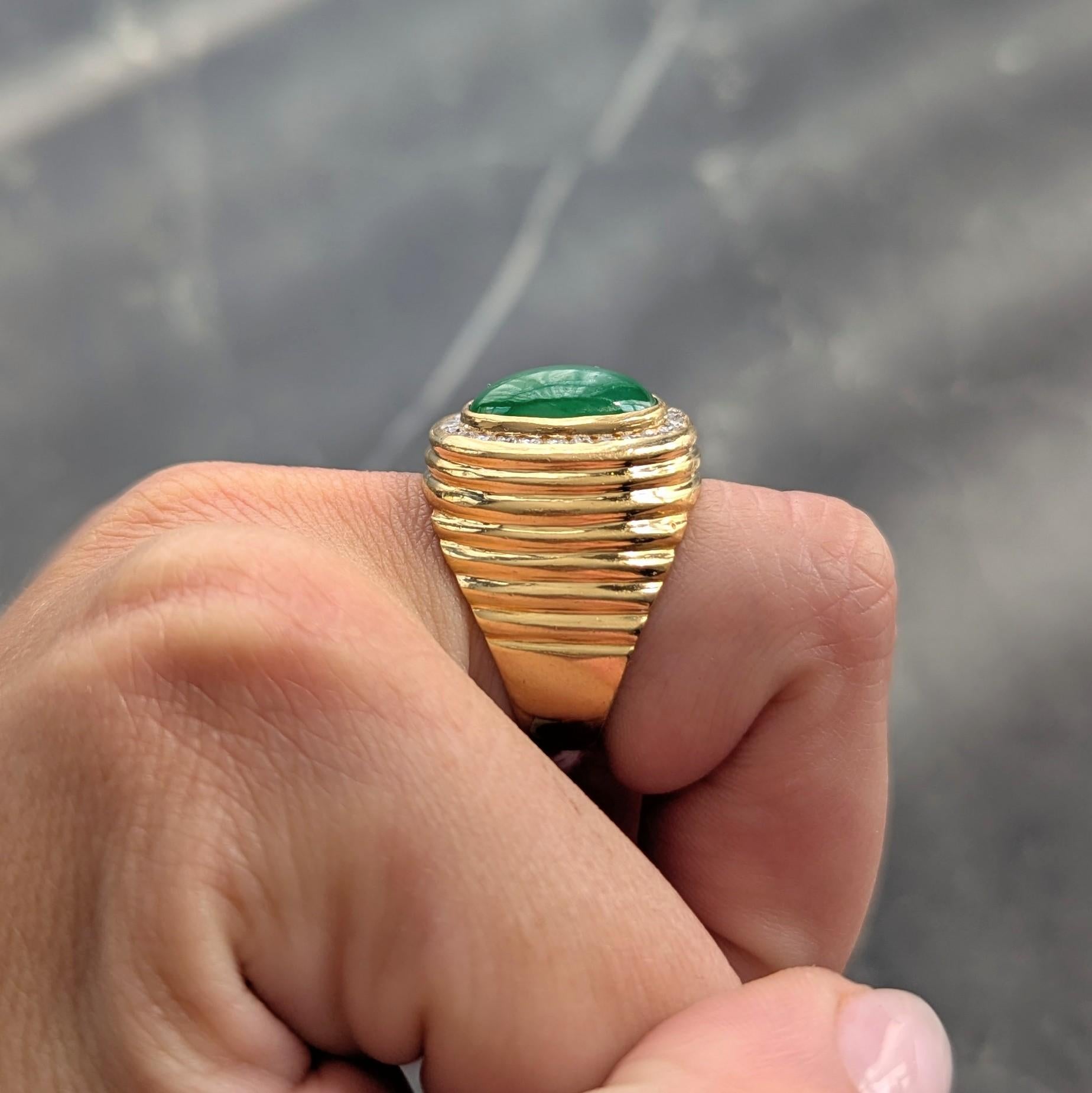1980's Jade Diamond 20 Karat Yellow Gold Vintage Fluted Dome Unisex Ring