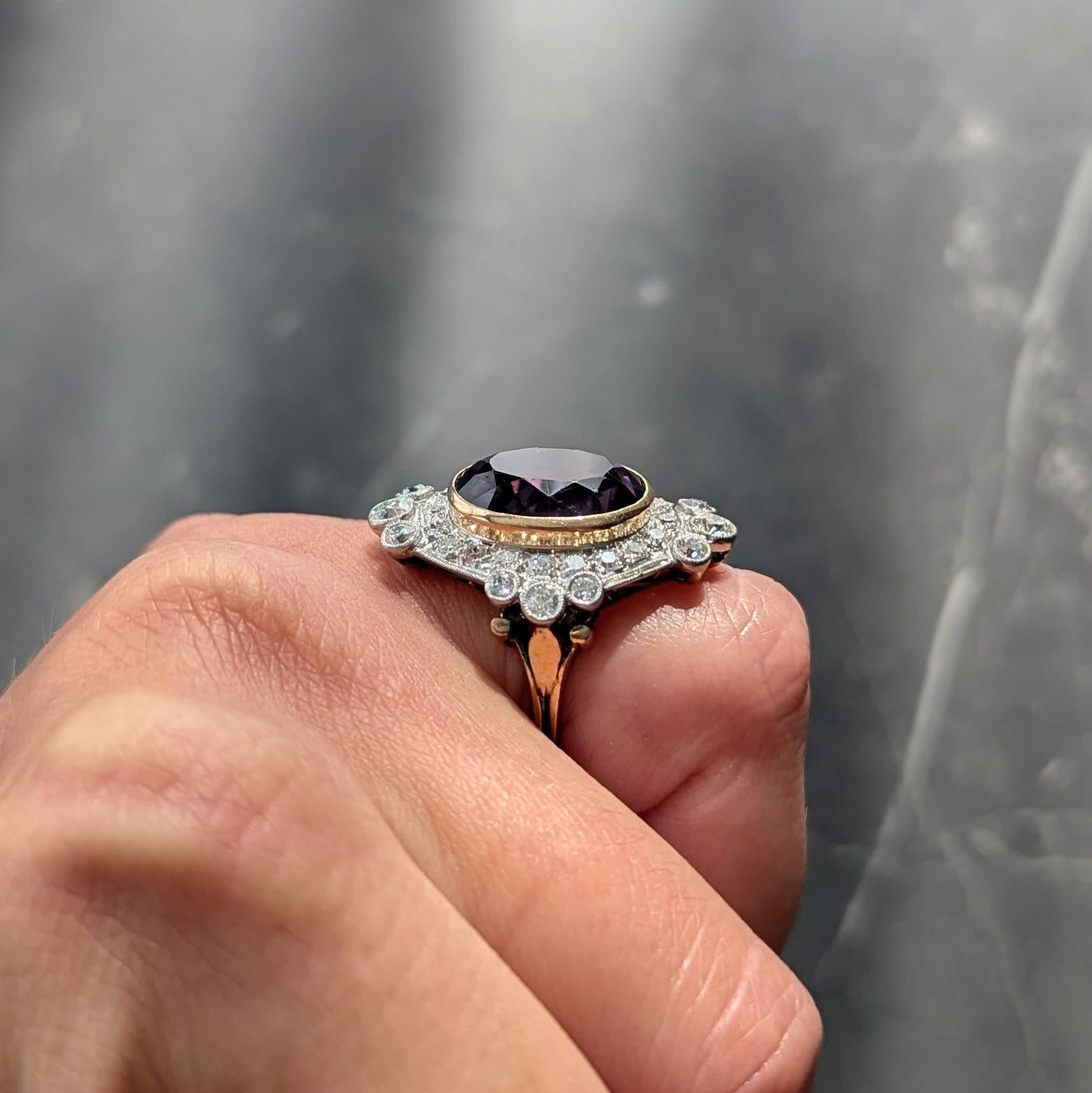 Edwardian 8.15 CTW Amethyst Diamond Platinum 14K Gold Antique Fleur-De-Lis Ring