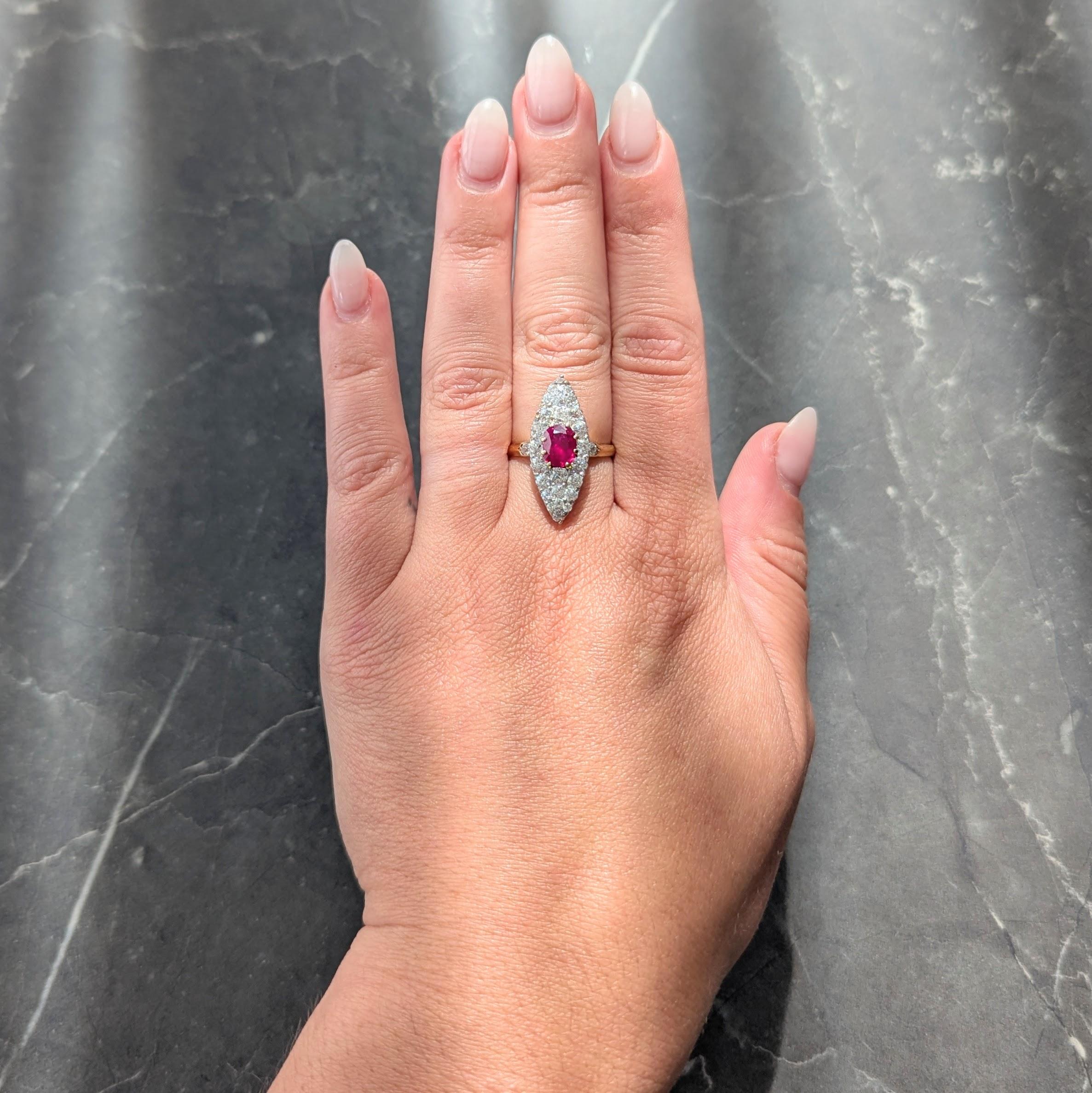 Edwardian Burma Ruby Diamond 18K Yellow Gold Antique Cluster Navette Ring