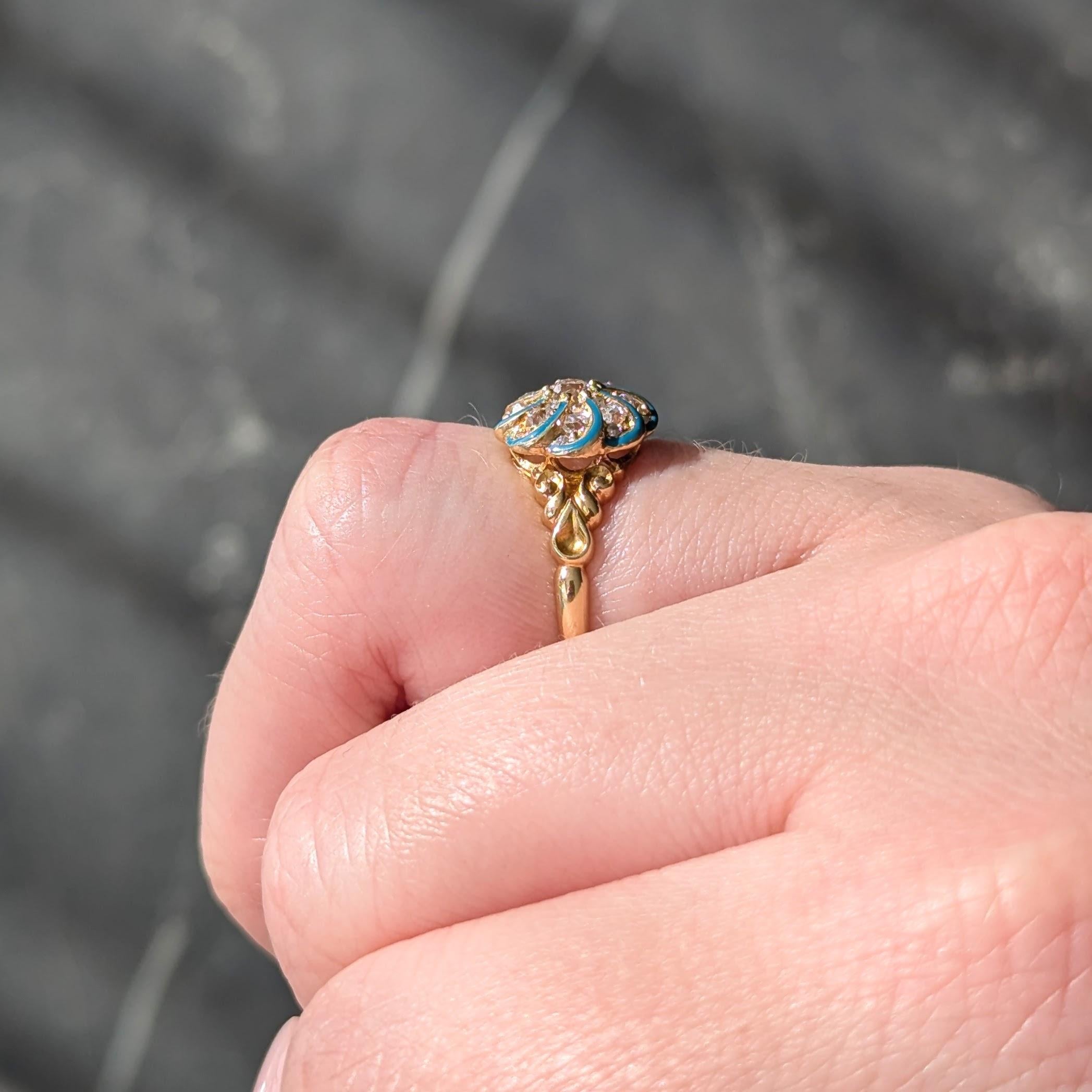 Victorian Diamond Teal Enamel 18K Gold Antique Swirling Floral Cluster Ring