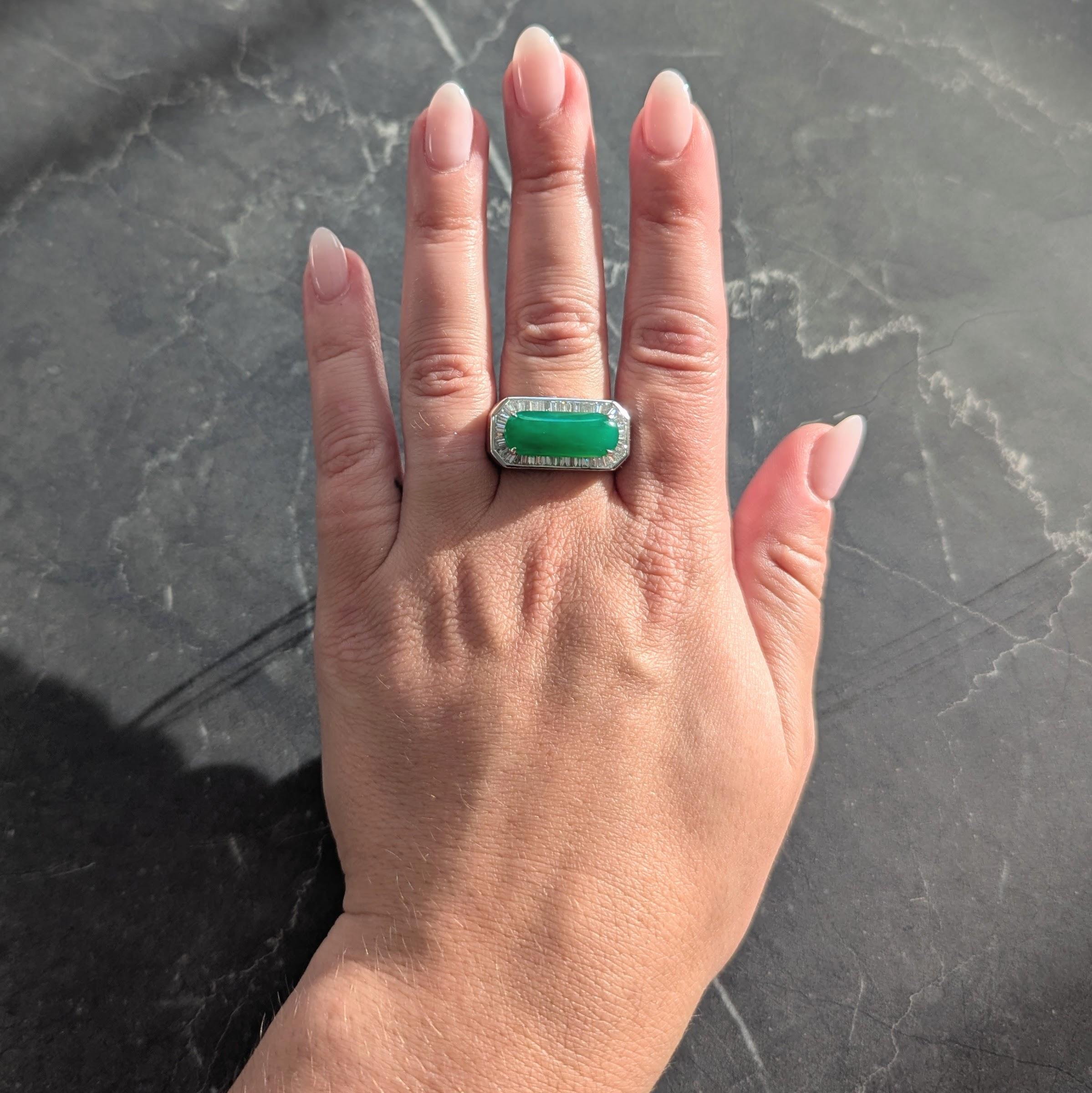 Contemporary Type A Jadeite Jade Diamond 18 Karat White Gold Halo Ring GIA