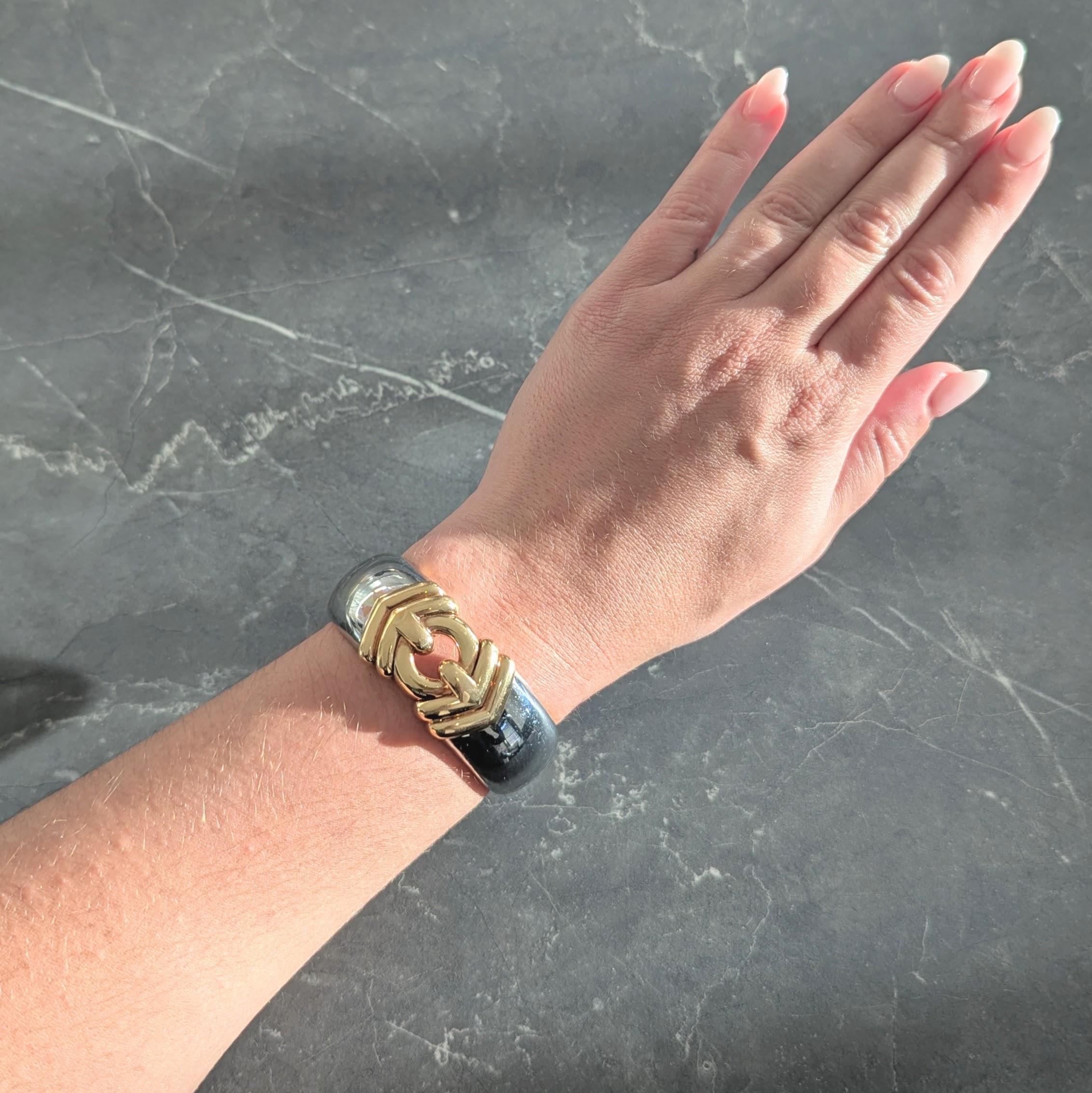 Bulgari 1990's 18K Yellow Gold Stainless Steel Vintage Alveare Cuff Bracelet