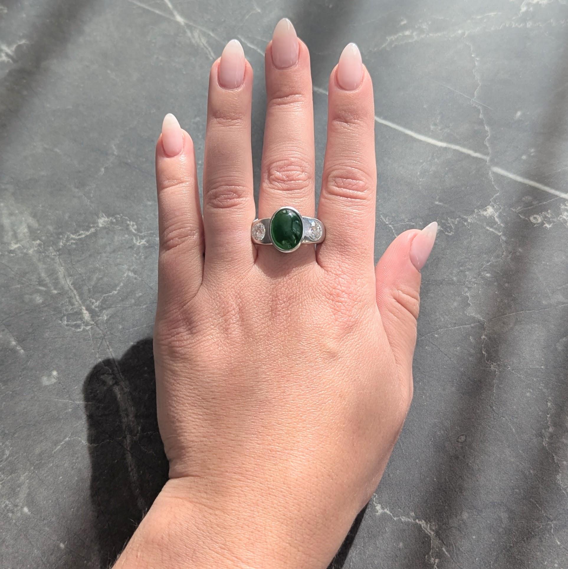 Contemporary Jade Diamond Platinum Three Stone Unisex Men's Bezel Ring