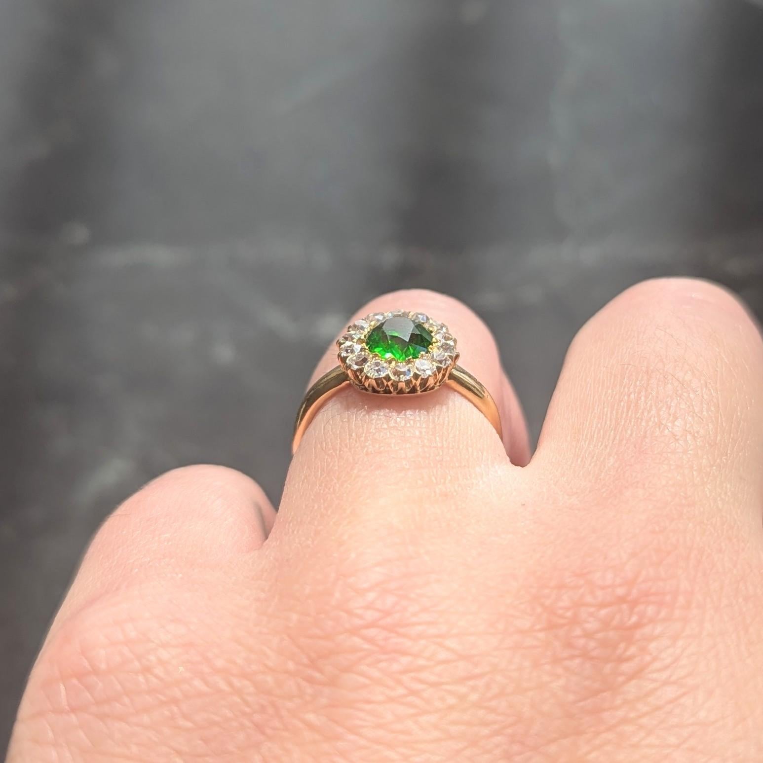 Victorian Green Demantoid Garnet Diamond 18 Karat Yellow Gold Antique Halo Ring