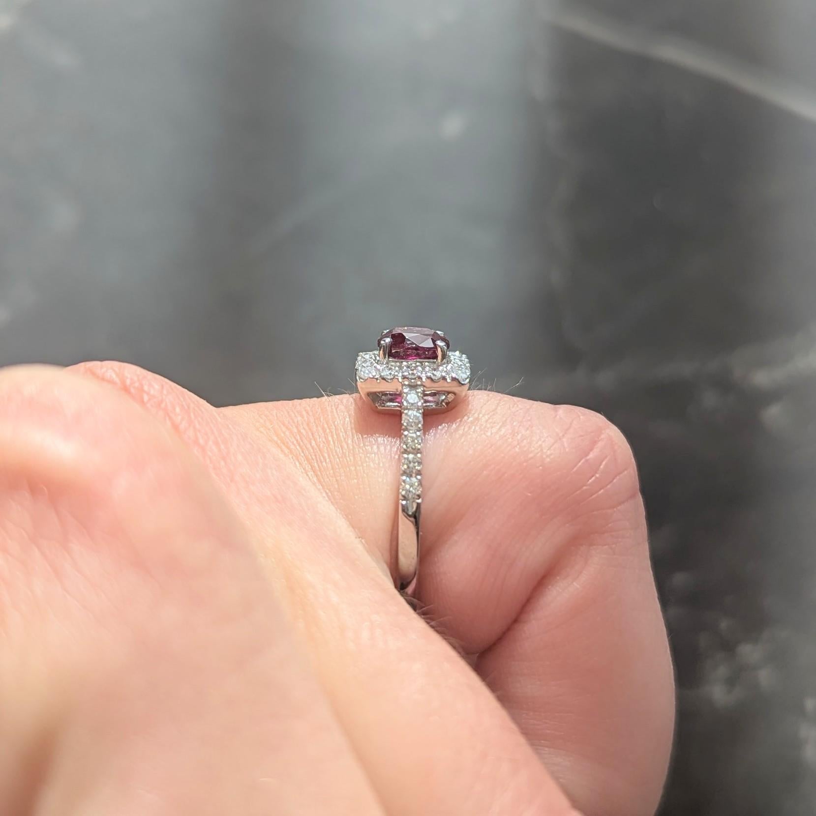 Contemporary 1.47 CTW Cushion Cut Ruby Diamond Platinum Square Halo Ring