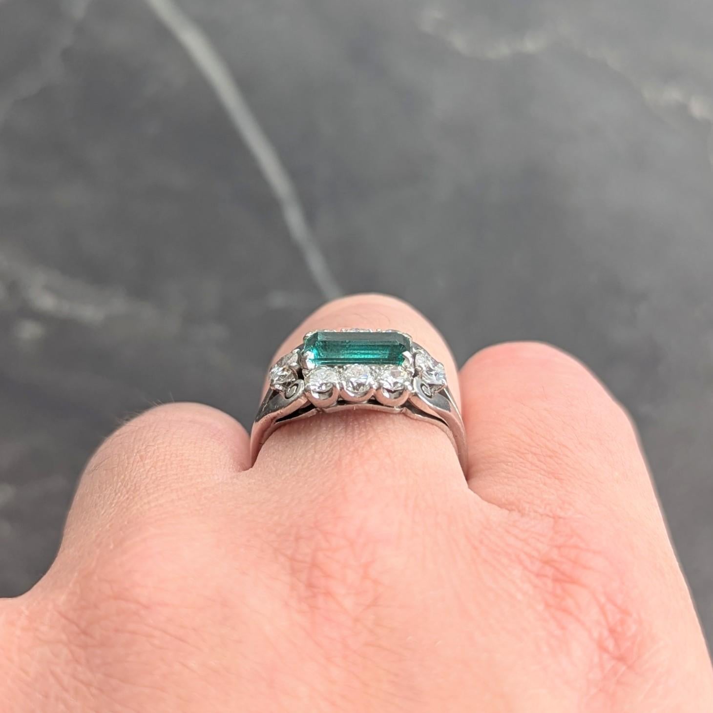 Mid-Century 2.14 Emerald Diamond Platinum Vintage Scroll Ring